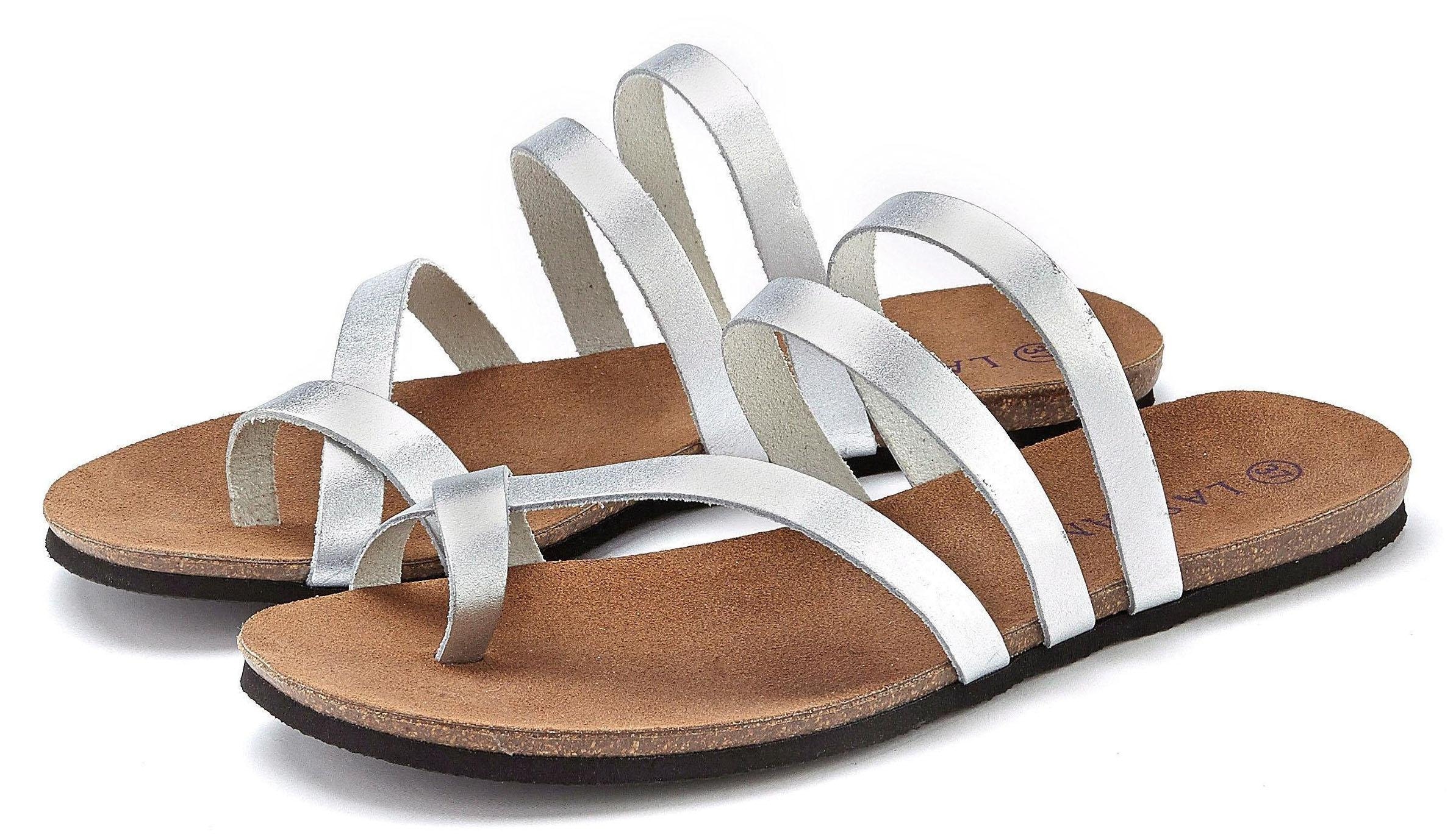Image of LASCANA Zehentrenner "Sommerschuh, Sandale, offener Schuh, Pantolette," aus Leder im Metallic-Look