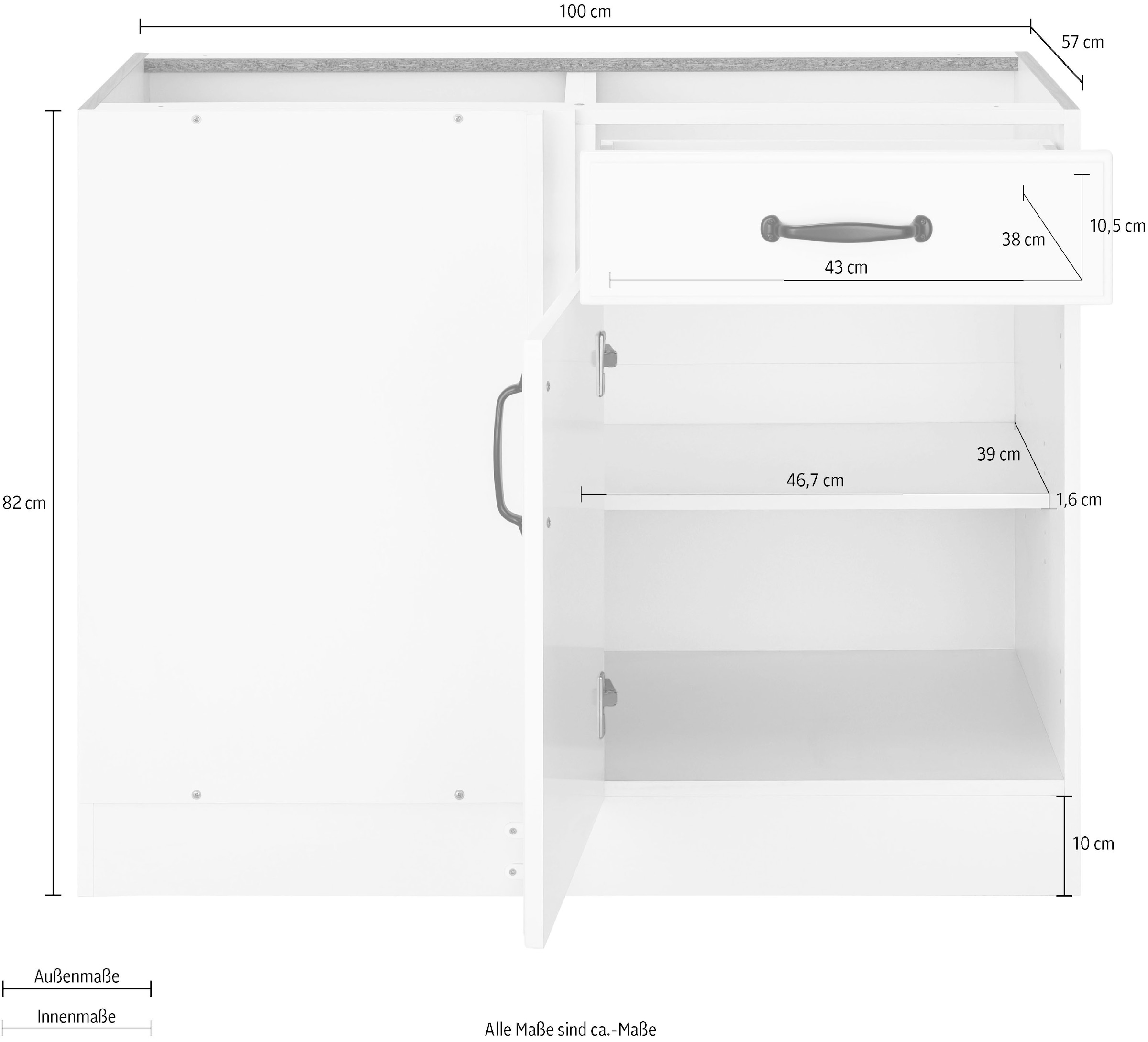 wiho Küchen Eckunterschrank »Erla«, 100 cm breit, Kassettenfront, Planungsmass 110 cm, ohne Arbeitsplatte
