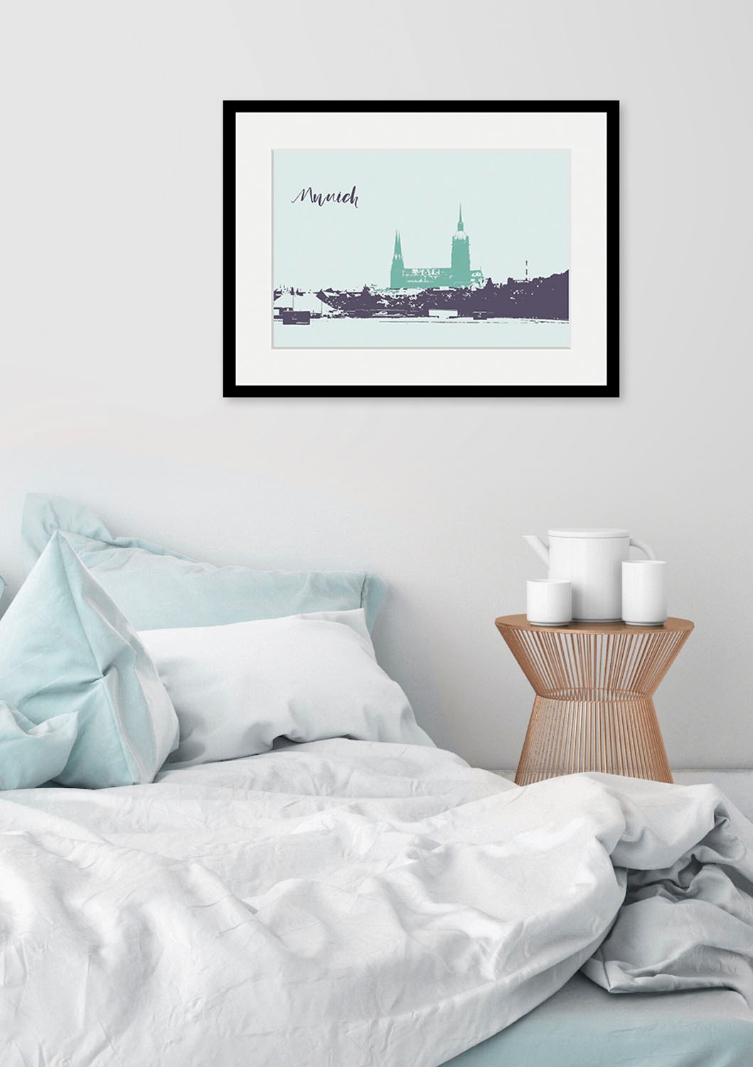 Image of queence Bild "Munich Skizze" Deutschland Gebäude München Schriftzug Stadt Städte 1 Stk. tlg. HD Premium Poster-Druck inkl. Holzrahmen