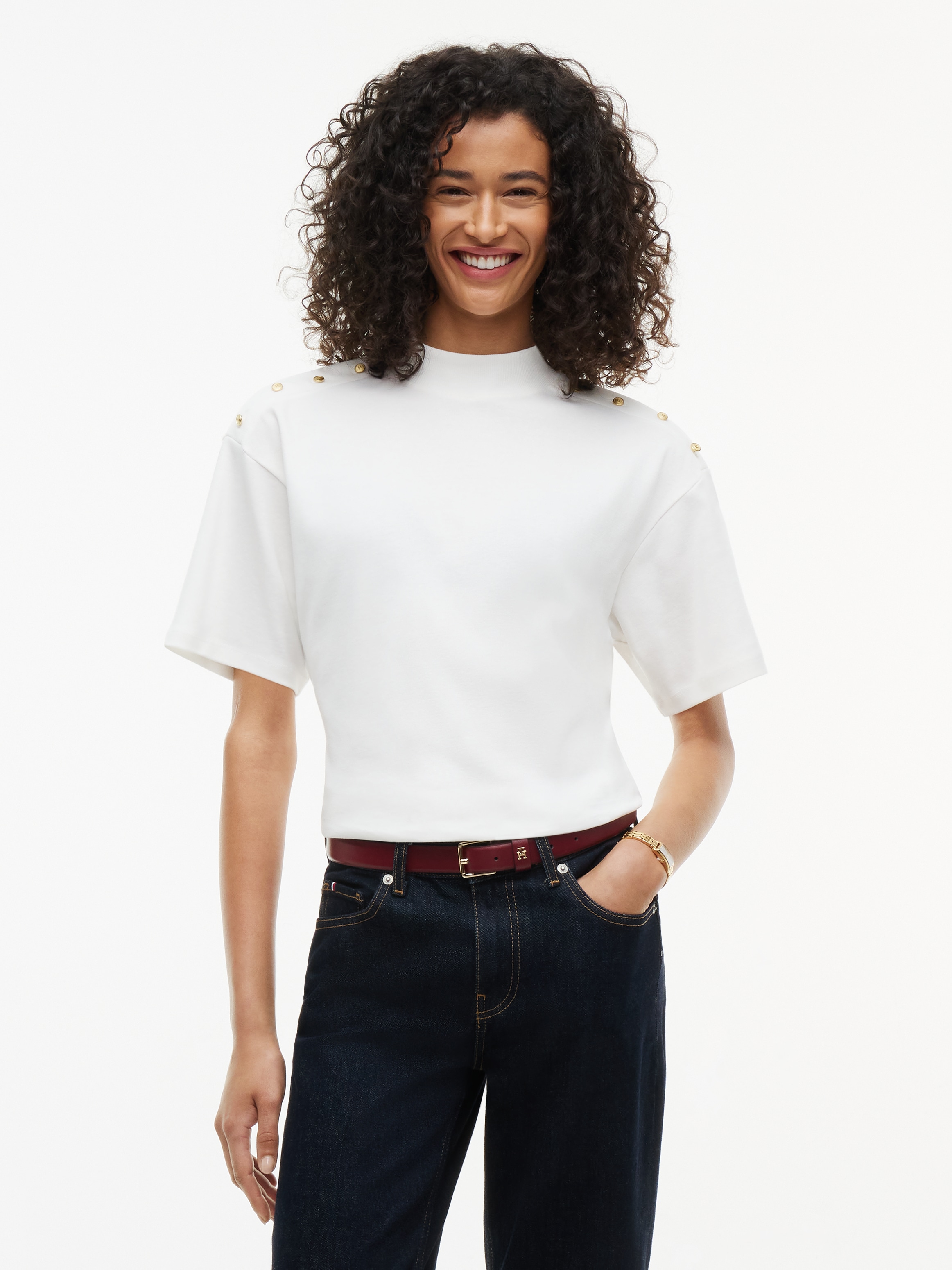 Tommy Hilfiger T-shirt »GOLD BUTTON HIGH-NK S/S TEE« Coton