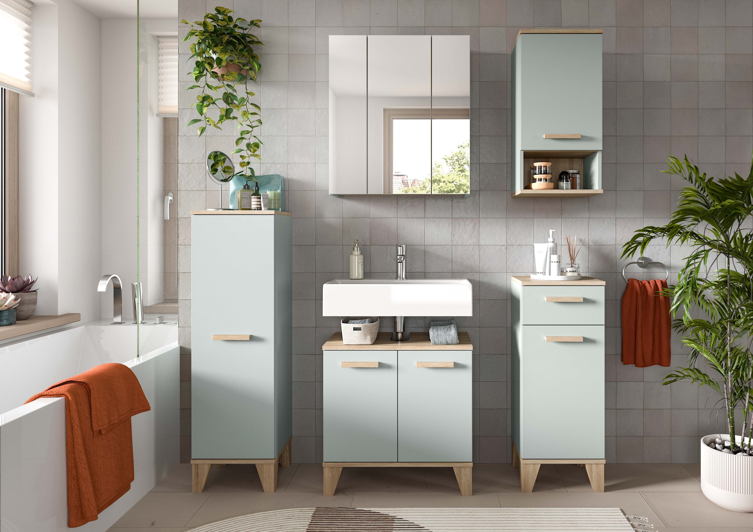 welltime Badmöbel-Set »MINTTU, 5-teilige moderne Badkombination im SCANDI-Look« bestehend aus: 2x Midischrank, WBU, Spiegelschrank, Hängeschrank, 5 Stk. tlg.