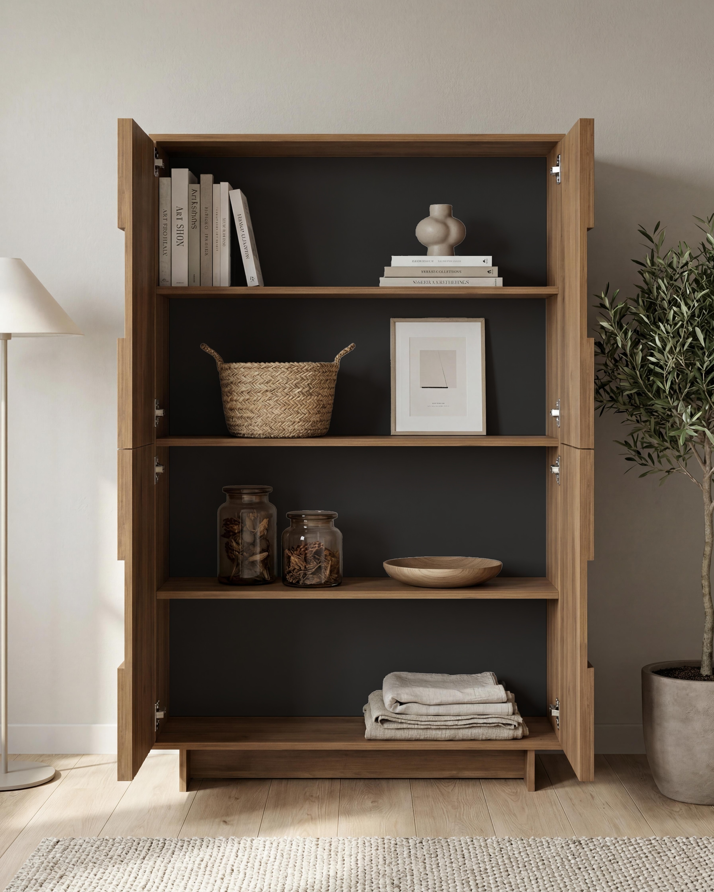 Home affaire Buffet haut »Zen, B/H 105/147 cm, 4 Türen, Hochkommode, Stauraumschrank« ouverture par pression, façades 3D, structure bois Mercure, beaucoup de rangement,