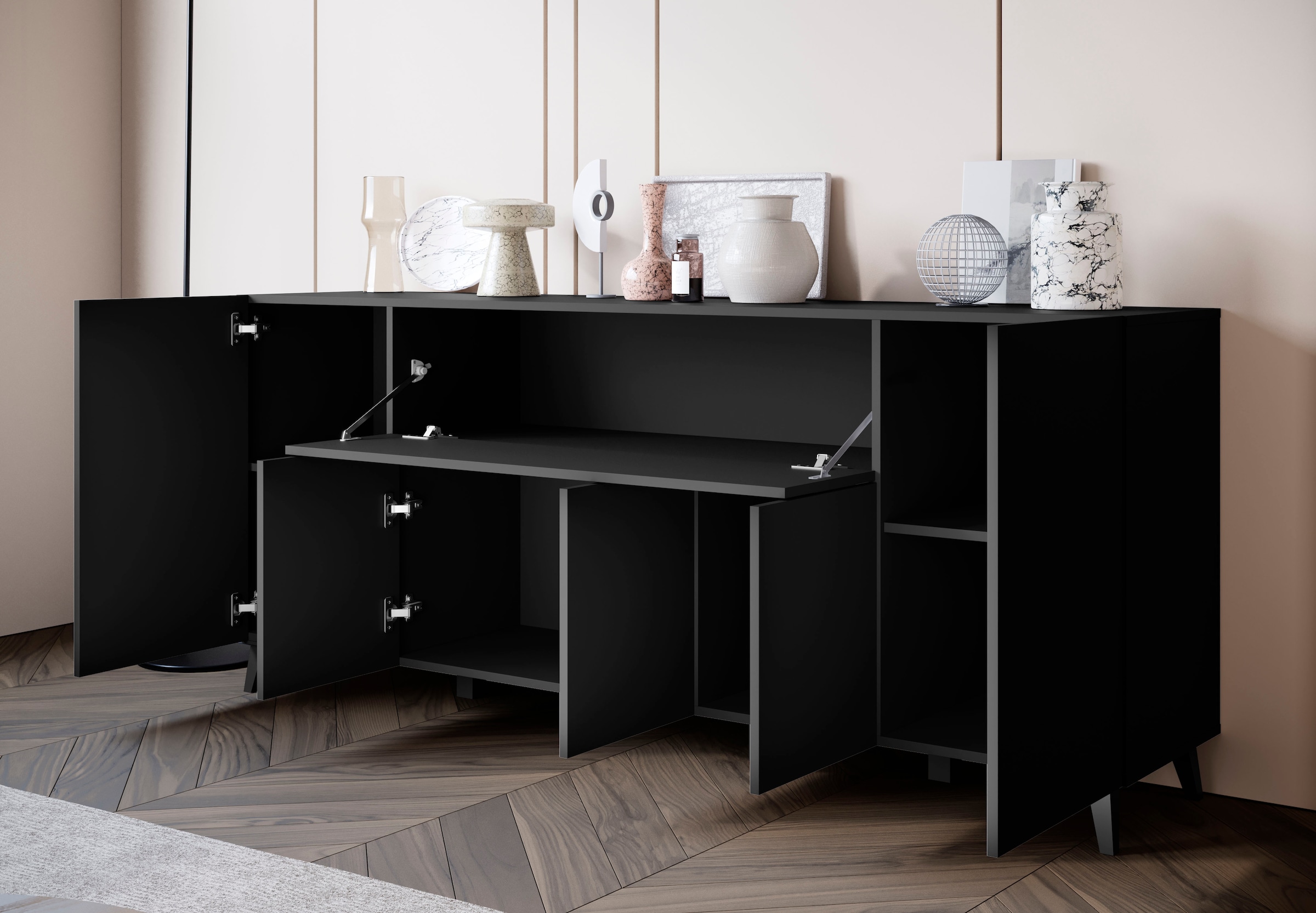 Home affaire Buffet »SIDEBOARD PHUKET II, Stilvolle, grifflose kommode, Breite 180cm« avec 5 portes, 1 abattant, 7 compartiments et étagères réglables en hauteur