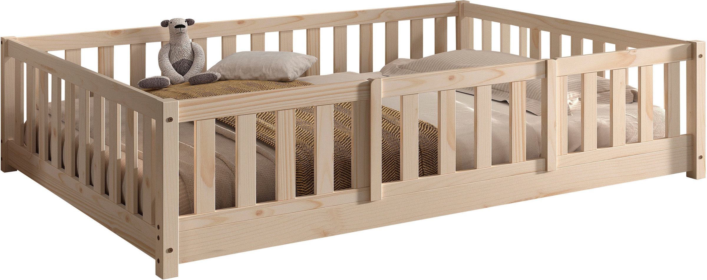 Vipack Kinderbett »Dallas, massiv Bett, Rausfallschutz, umbaubar vom Boden- zum Daybett« inkl. Rolllattenrost und Sprossenumrandung, 90 oder 140x200 cm breit,  stabil und standfest gebaut, wahlweise Kiefer massiv natur oder weiss