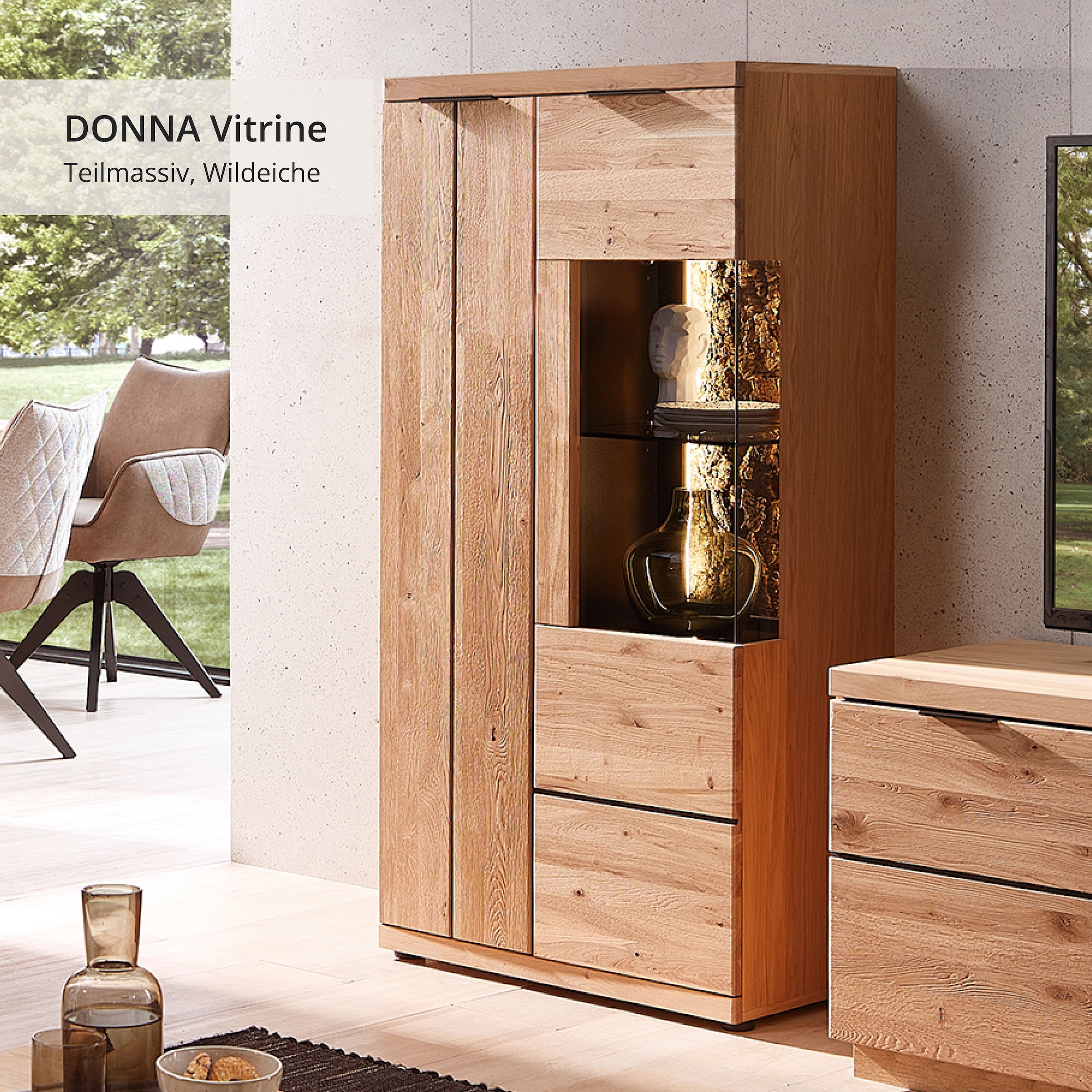 Wohnconcept Vitrine »Donna Vitrine, 75x148x42 (BxHxT)« 1 Stk. tlg. Beleuchtung bestellbar, 2 türig, Softclose, Echtkork Absetzung