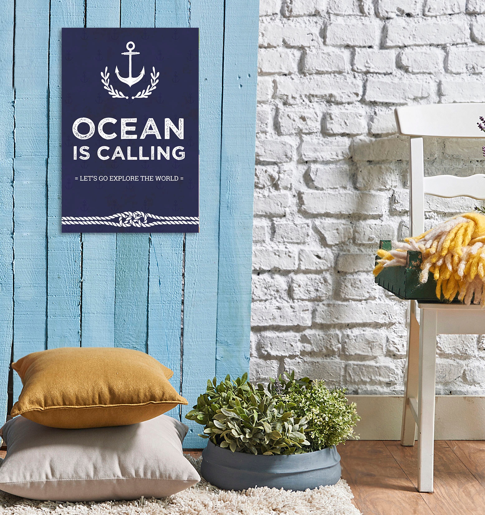 Image of queence Metallbild "Ocean is calling" Anker Schriftzug Schriftzüge 1 Stk. tlg. Stahlschilder