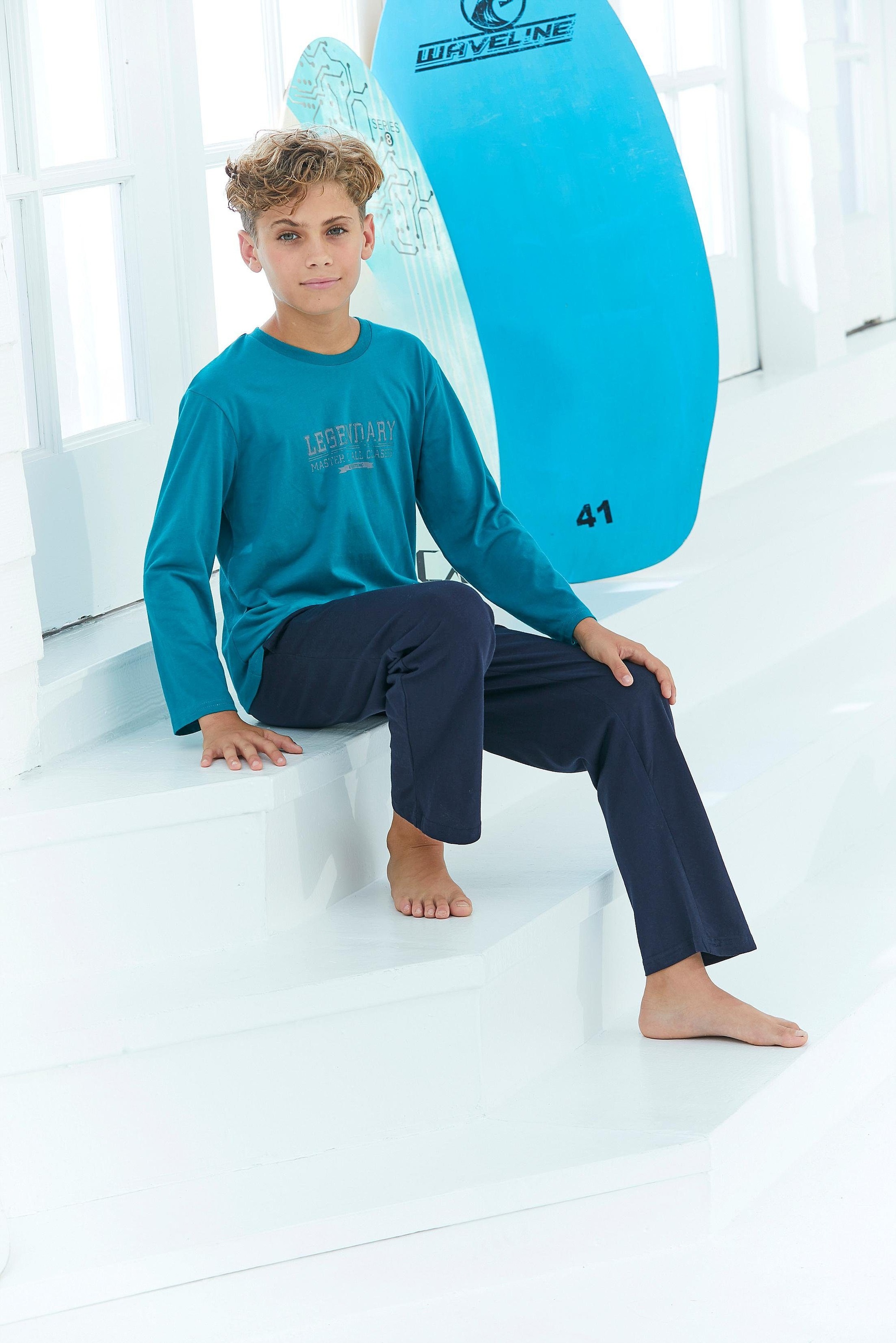 le jogger Pyjama "mit Streifen und Print" 4 tlg. langer Schlafanzug gestreift und bedruckt, aus Baumwolle
