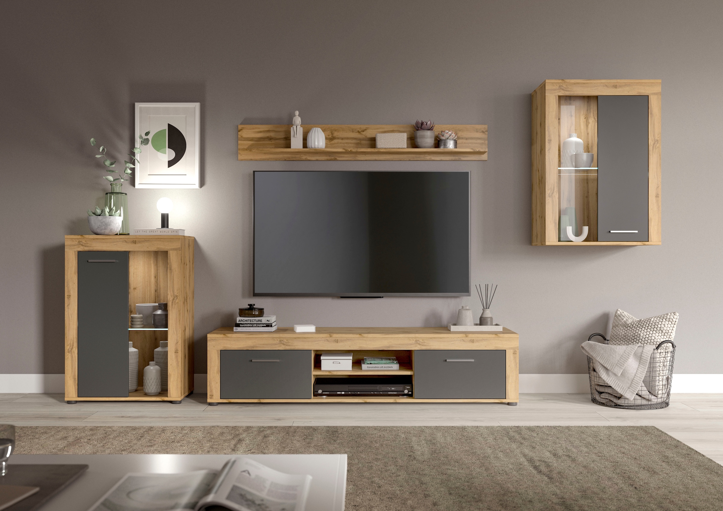 Image of Home affaire Wohnwand "AOSTA, Breite 310cm, 4-teilige Wohn-Kombination" bestehend aus: 2x Vitrine, Lowboard & Wandboard, 4 Stk. tlg.