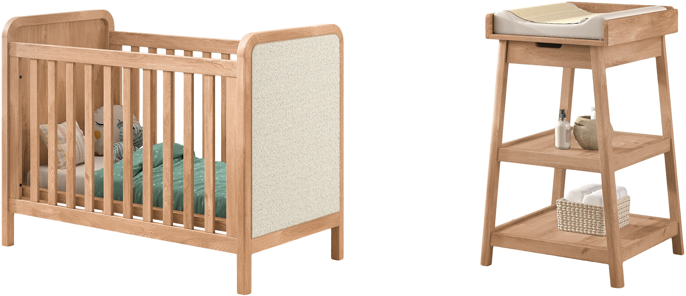 Image of Vipack Babymöbel-Set "Woods best. aus Babybett 60x120 cm und Wickelregal" 2 tlg. geräumige Ablageflächer, Bett wahlweise mit Rattan oder Bouclé Optik