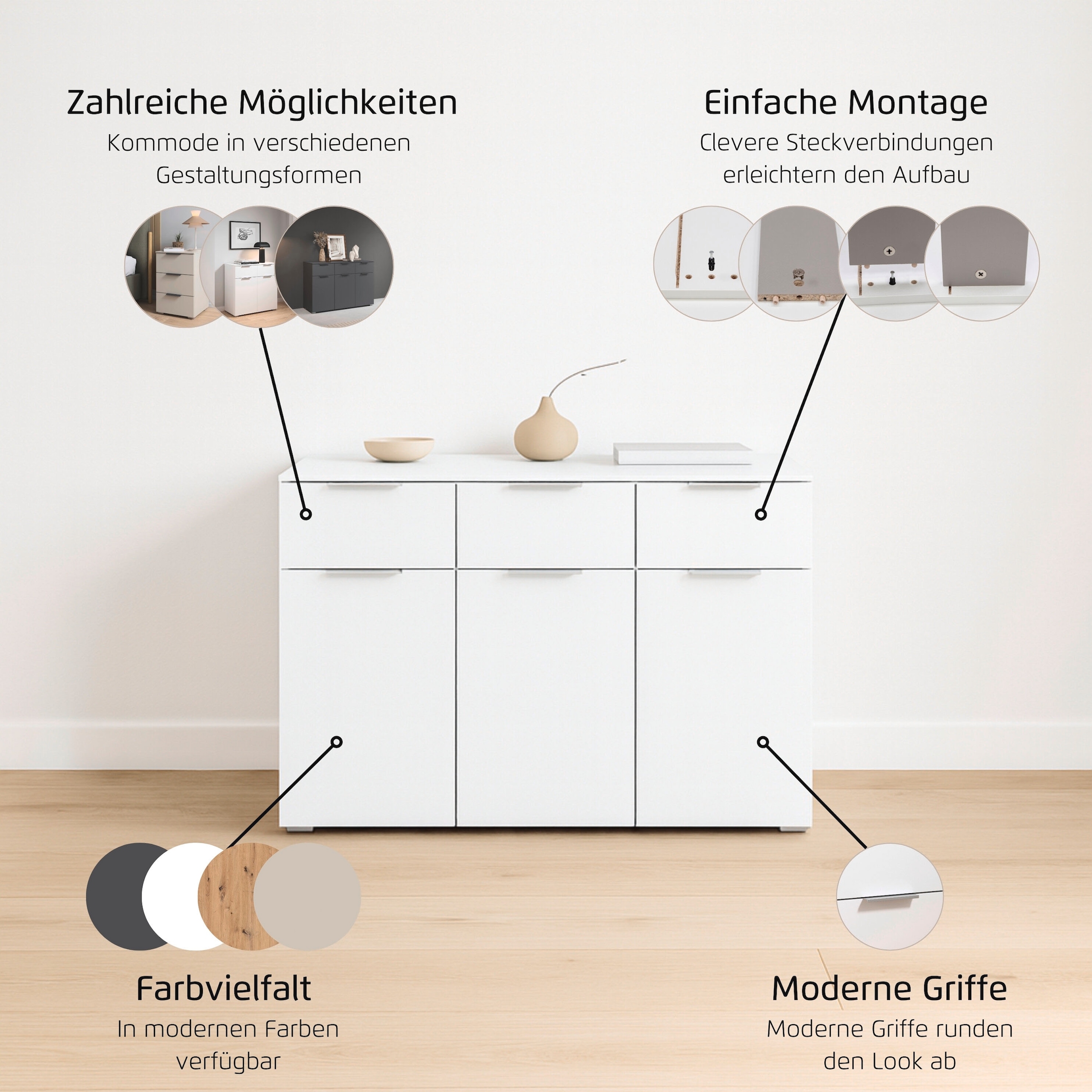 GOODproduct Kombikommode »Kommode Sideboard Schubladenkommode Schlafzimmerkommode CORTONA« Breite 120 cm inkl. SOFT-CLOSE-FUNKTION, mit moderner Dekor-Front,  mit 3 Schubladen und 3 verstellbaren Einlegeboden MADE IN GERMANY