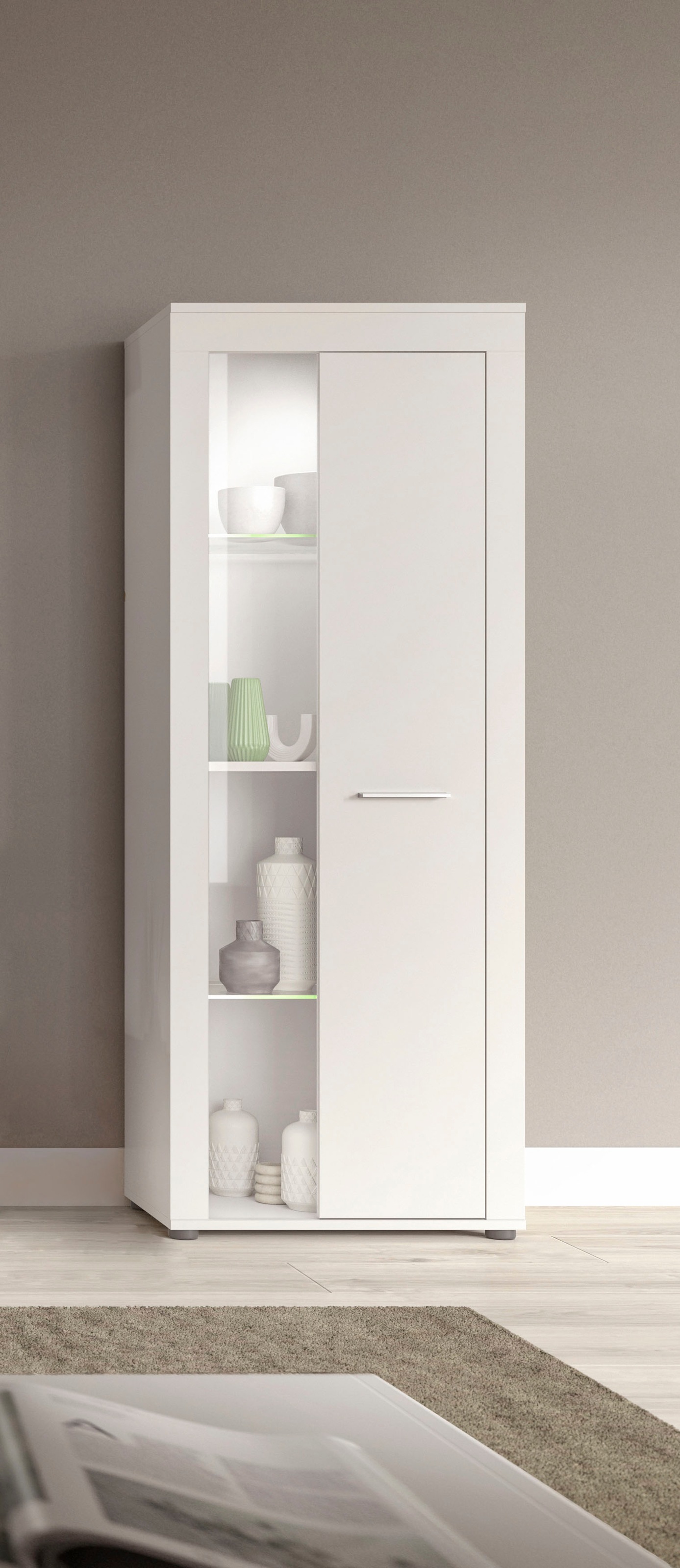 Image of Home affaire Vitrine "AOSTA, Höhe 159 cm, 1 Tür (li/re), 2 Glasböden, 4 Fächer" in verschiedenen Farbausführungen, individuell kombinierbar, Standvitrine, Glasvitrine, Showcase, Vitrinenschrank, Wohnzimmer