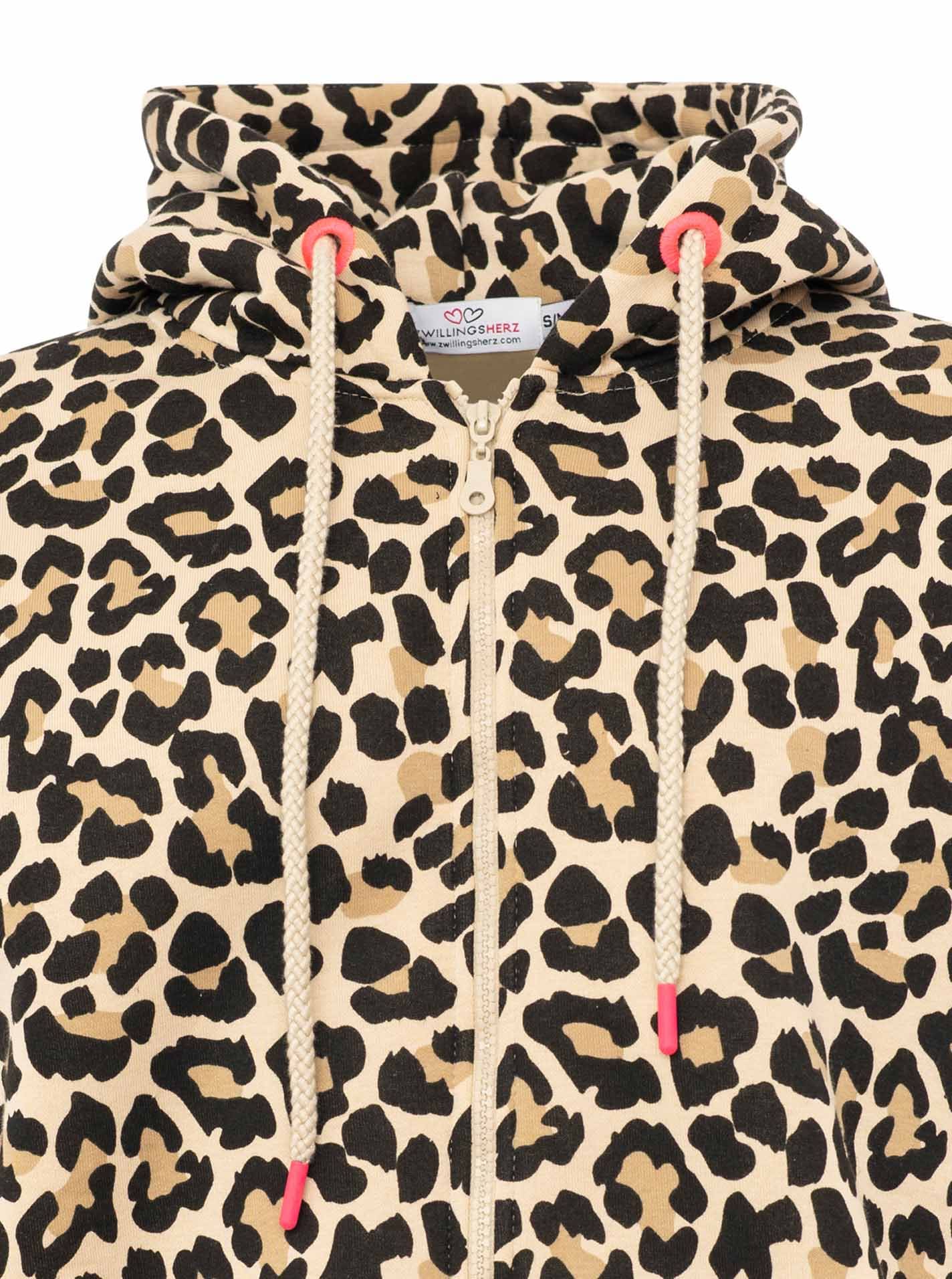 Zwillingsherz Sweat à capuche »"Leo Stripe"« motif léopard, bande rose sur le bras, capuche avec cordon, poche, fermeture éclair