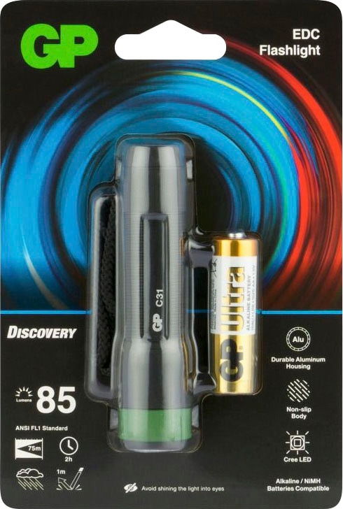 Taschenlampe 2h Leuchtzeit IPX4, LED inkl. »GP sur Batterie, Metallgehäuse, Batteries Lumen, 85 AA 1x C31, Découvrir GP«, CRE GP Discovery