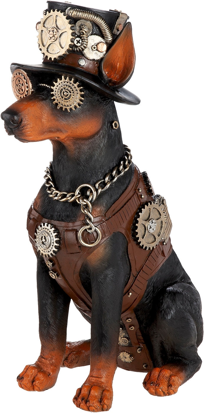 Image of GILDE Skulptur "Figur Dobermann Steampunk Doberman" Dobermann Hundeskulptur Steampunk-Stil Zahnräder Hut Fantasiefigur