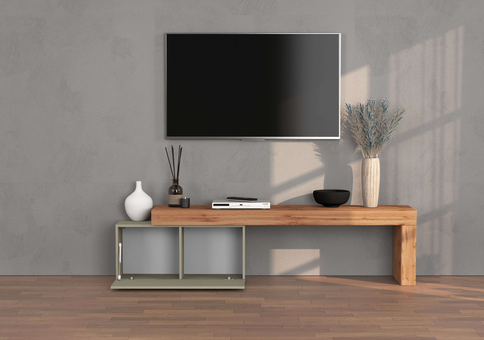 INOSIGN Lowboard »Chronos TV-Board, TV-Schrank«, (1 St., Breite verstellbar von 180 bis 260 cm), Breite 220 cm TV-Board,Lowboard,1 Klappe und ein L-Förmiger Aufsatz