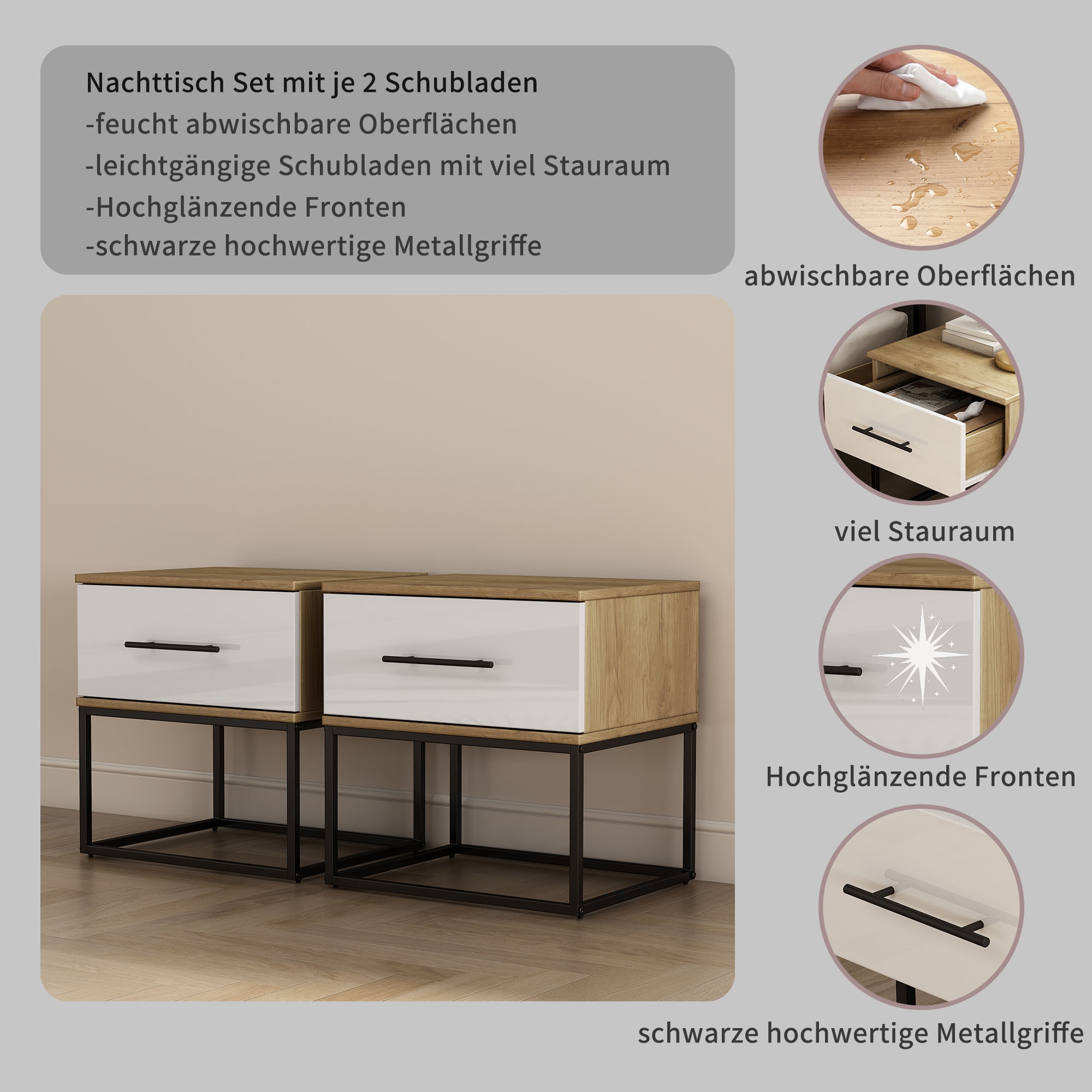 GOODproduct Nachtkommode »Lucca Nachttisch Set mit Metallkufen und schwarzen Griffen« Set, 2 Schränke im Set , Hochglanz Fronten in weiss,  Nchttisch Set mit je einer Schublade in Loft Design