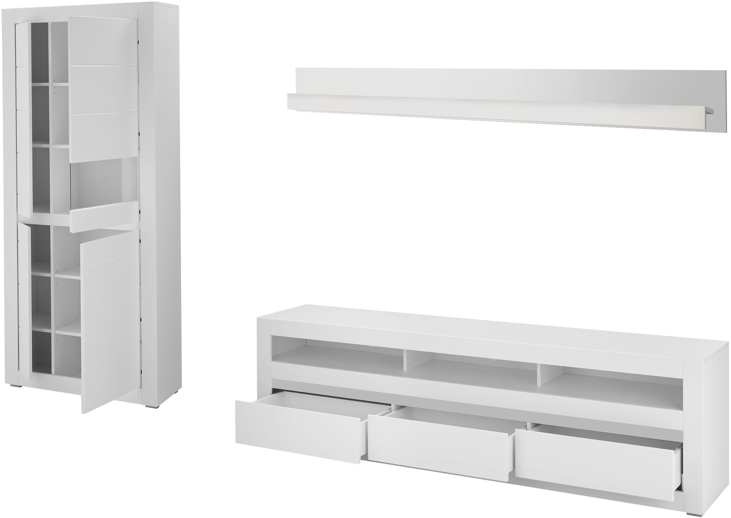 INOSIGN Wohnwand »Anbauwand in Weiss Matt, Wohnzimmer-Set mit austauschbarer Blende«, (Set, 3 St.), enthält Vitrine, Lowboard, Wandboard, zeitloses Design, 312 cm breit