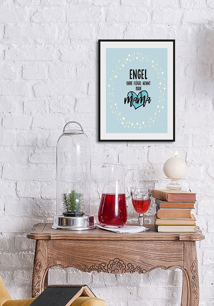 Image of queence Bild "ENGEL OHNE FLÜGEL NENNT MAN MAMA" Engel Liebessprüche Schriftzug Sprüche & Texte 1 Stk. tlg. HD Premium Poster-Druck inkl. Holzrahmen