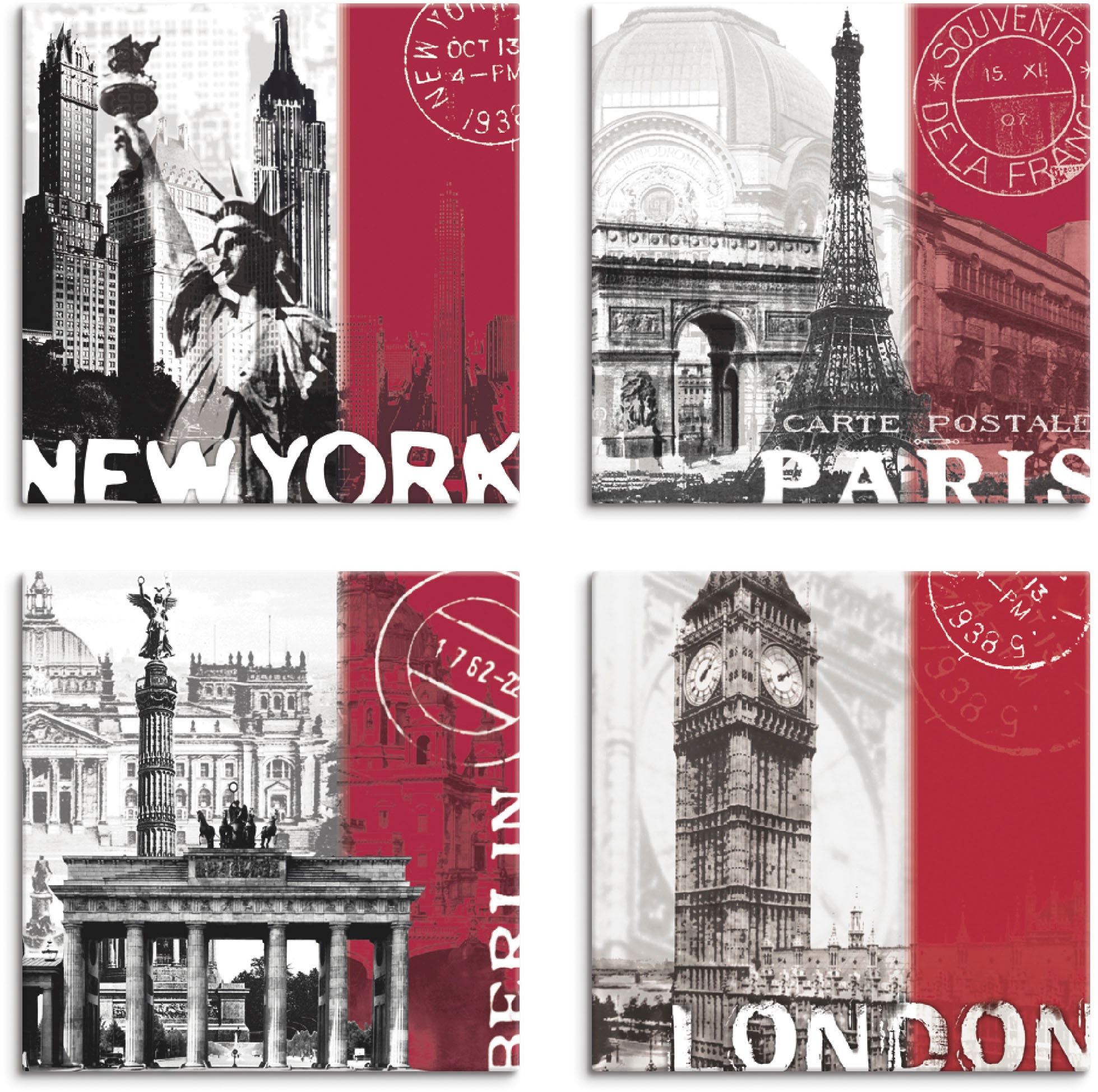 Leinwandbild »New York Paris Berlin London_bordeauxrot«, Gebäude, (4 St.), 4er Set,...