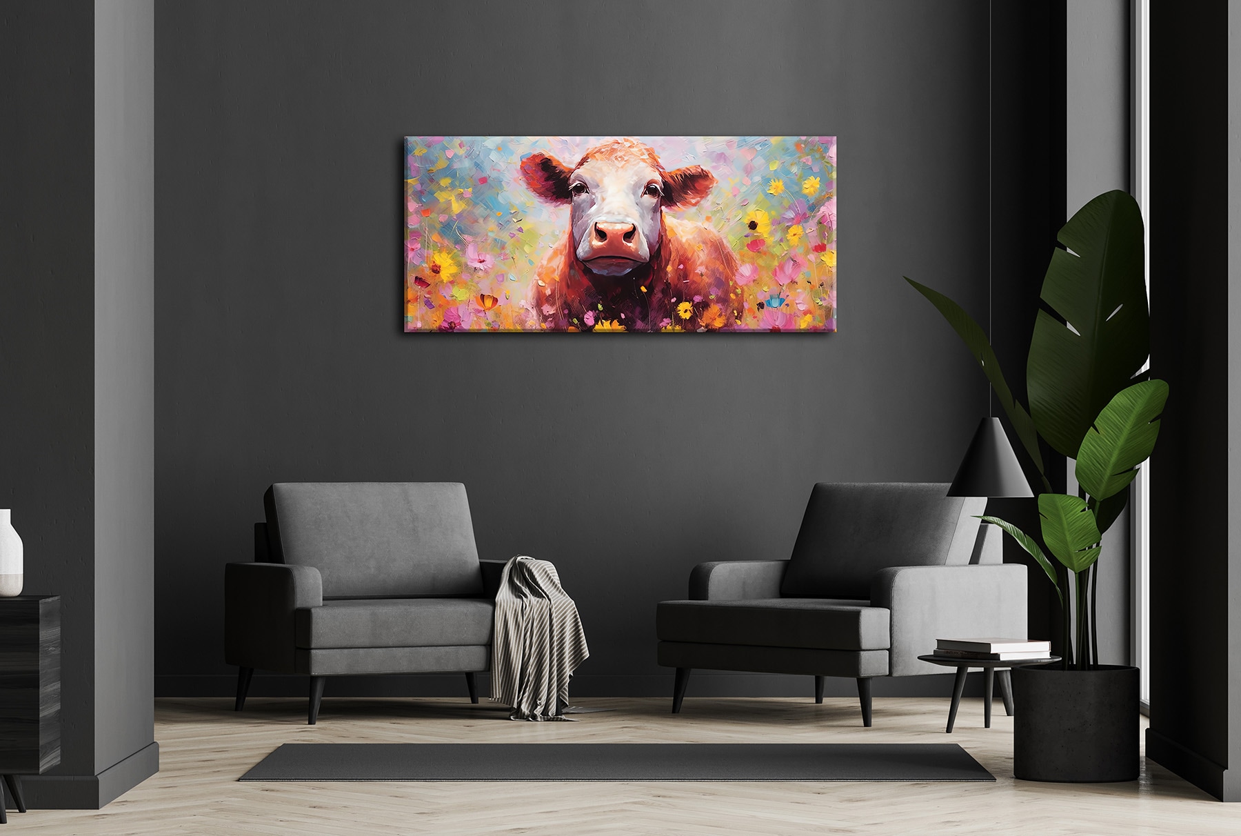 Bönninghoff Leinwandbild »Wandbild KUH MIT BLUMEN XXL 90x200 cm – Leinwandbild Keilrahmen Deko« Blumen | Blumenbilder | Kuh | Kuhbilder | Kühe | Tiere 1 Stk. tlg. auf Keilrahmen gespannt