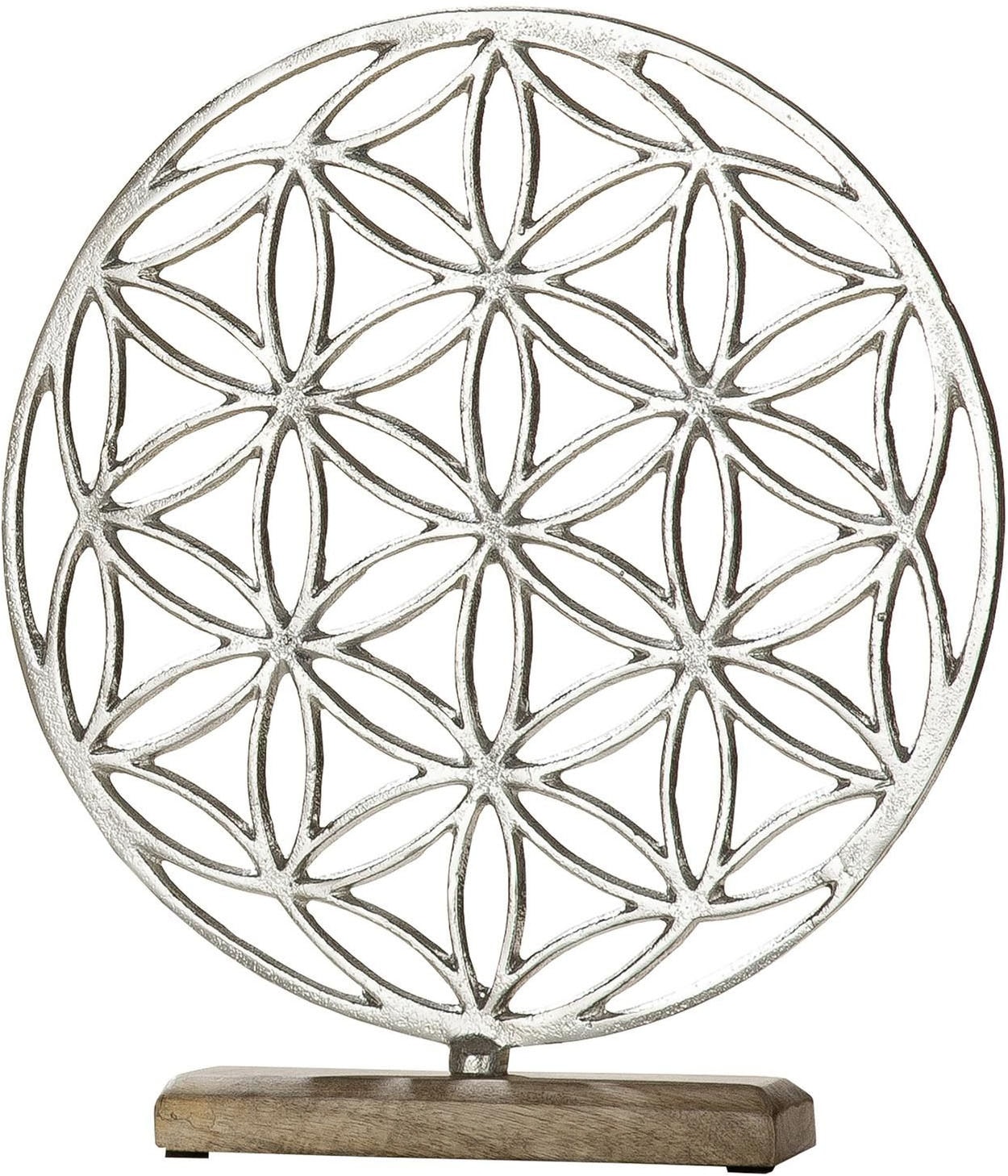 Image of GILDE Dekoobjekt "Lebensblume auf Holzbase, silber" Höhe 36 cm, aus Metall, Sockel aus Holz, Wohnzimmer