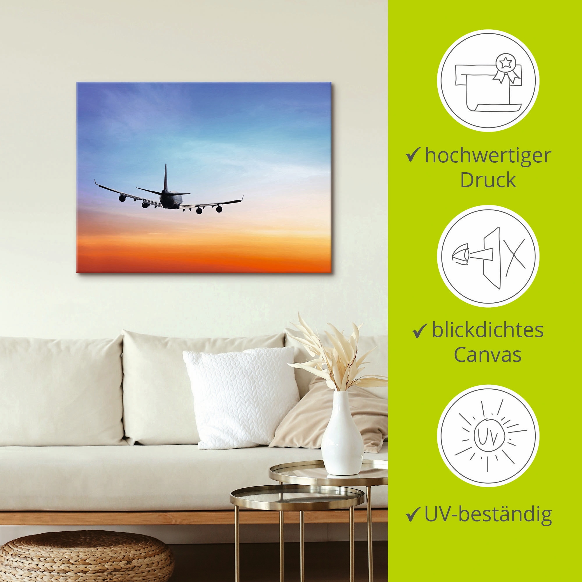 Artland Wandbild »Flugzeug vor orange/blauem Abendhimmel«, Flugzeuge & Helikopter, (1 St.), als Leinwandbild, Wandaufkleber in verschied. Grössen