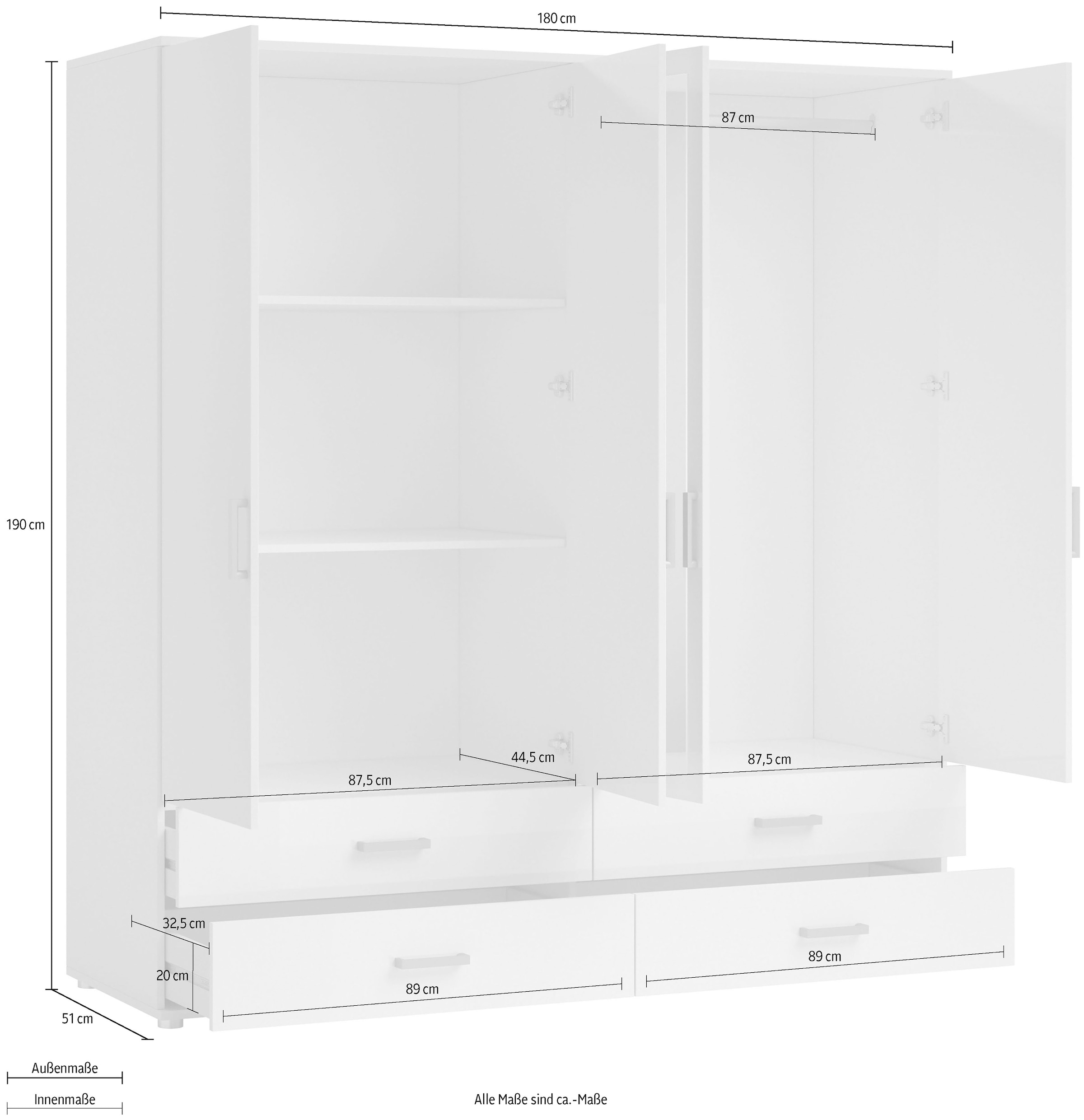 Schlafkontor Drehtürenschrank »Ivar Kleiderschrank mit Spiegel«, inklusive 2 Spiegeltüren und 2 farblich abgesetzten Schubkästen