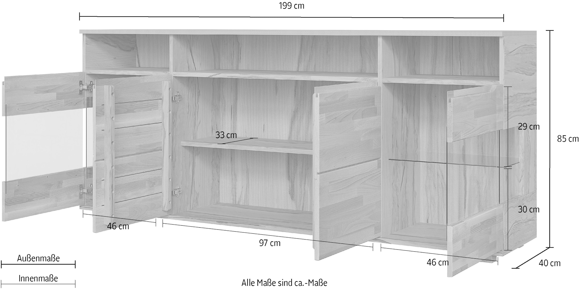 GOODproduct Sideboard »VETRO Teilmassiv, Fronten Massivholz, Wohnzimmer, Stauraum,Griffmulde« B/T/H:199/40/85cm, 3 offene Fächer, 6geschlossen Fächer, Stauraum