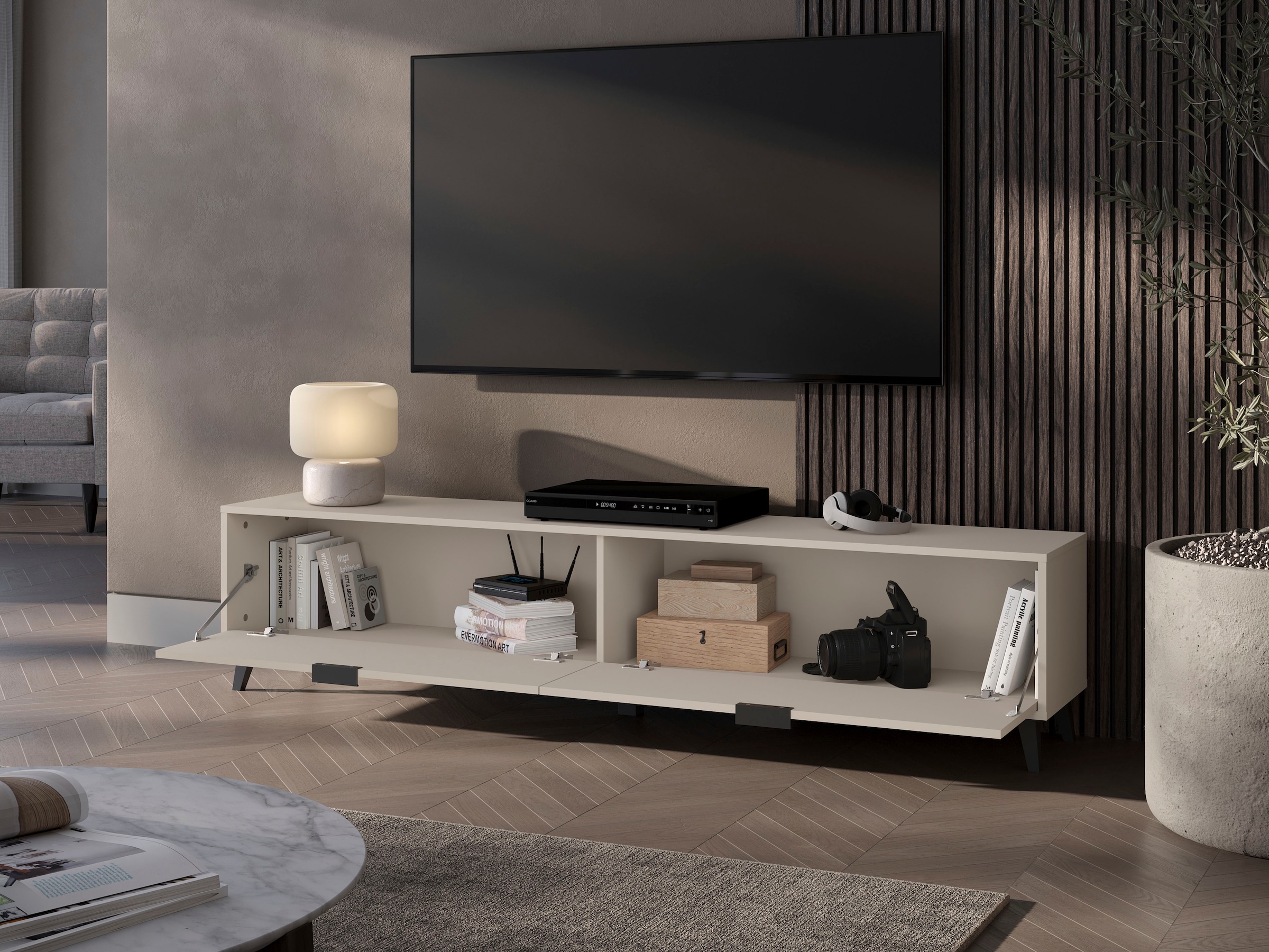 GOODproduct Table basse »Oslo, B/H/T: 180/40/33 cm« 2 rabats, poignées métalliques noires, pieds noirs