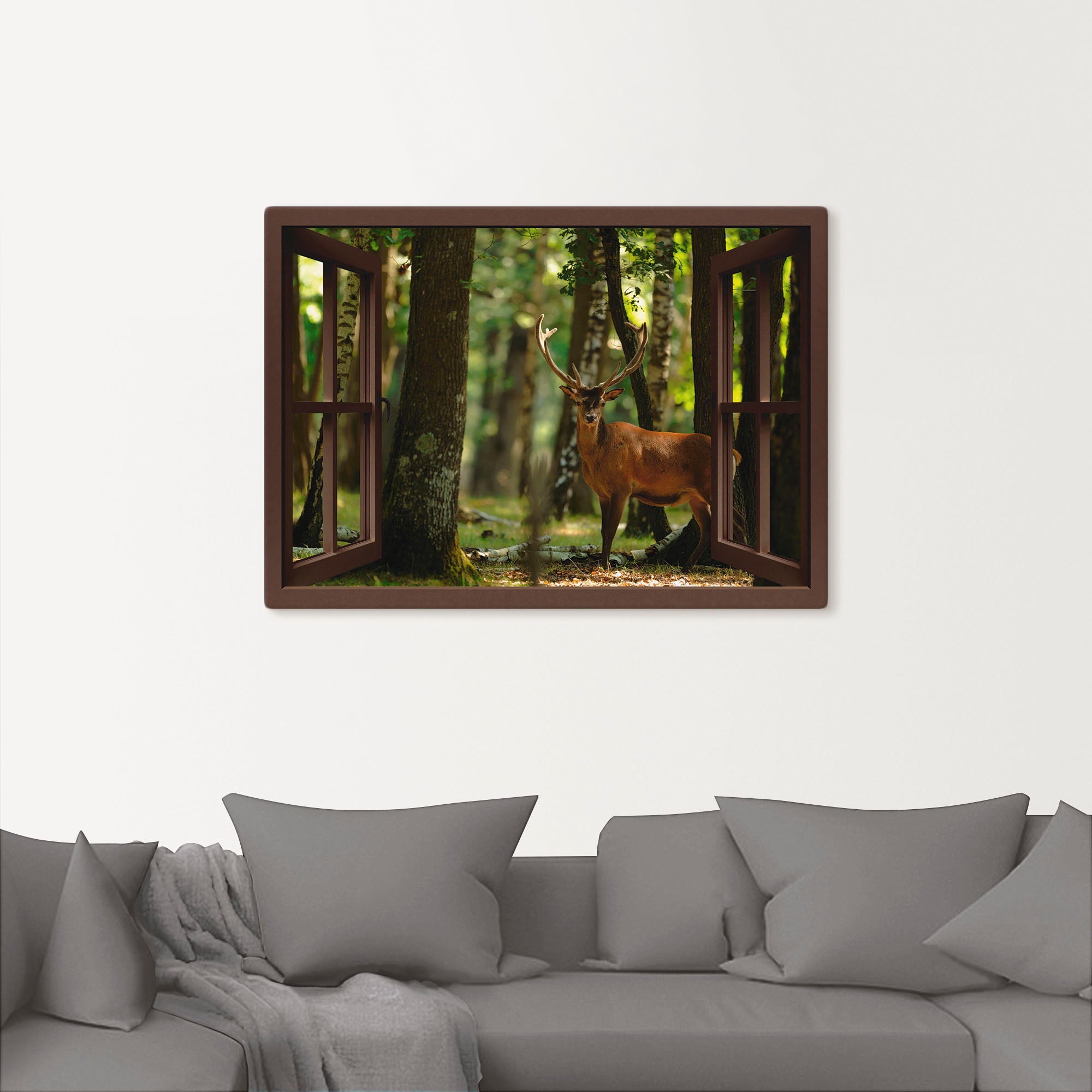 Artland Tableau sur toile »Fensterblick - Hirsch 4 - Wald« 1 cuis tlg. auf Holzrahmen gespannt