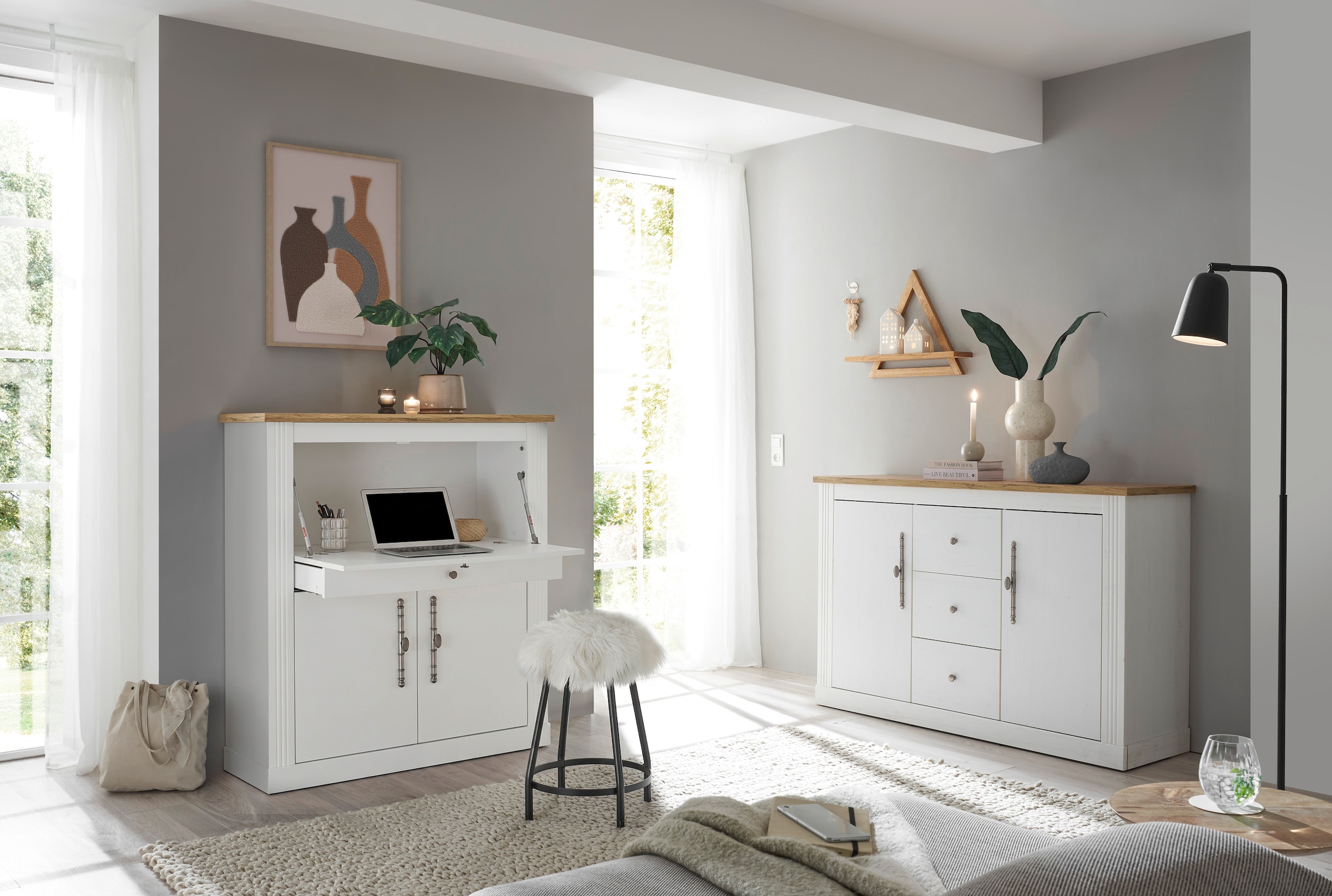 GOODproduct Büromöbel-Set »Westminster, wohnliches Home-Office, Büro in zwei Farben verfügbar« Set, 2 tlg. enthält Sekretär und Sideboard im Landhausstil, mit Kabelkanal