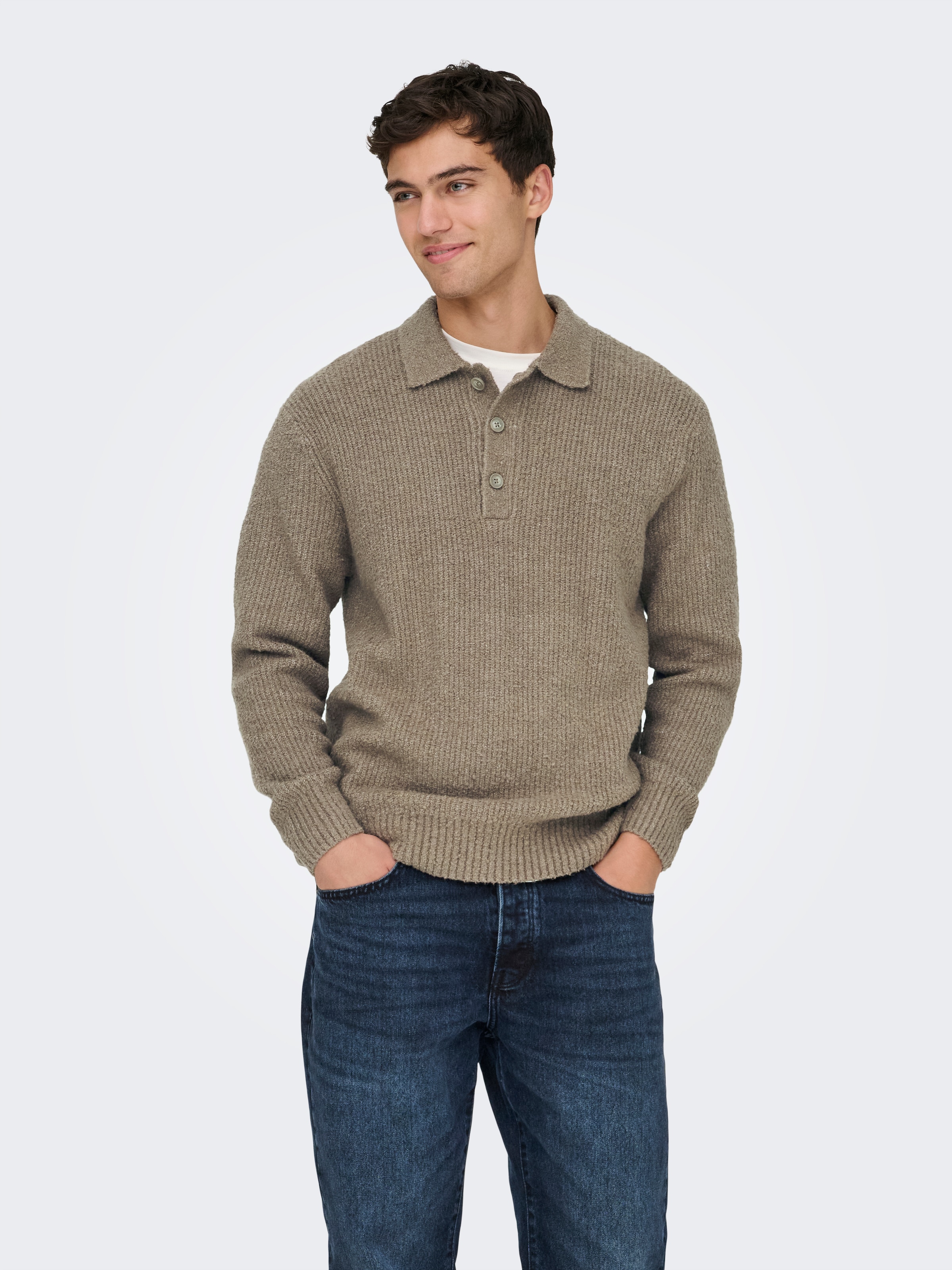 Image of ONLY & SONS Polokragenpullover "ONSDALE RLX LS POLO KNIT NOOS" Baumwollmischung, relaxed fit