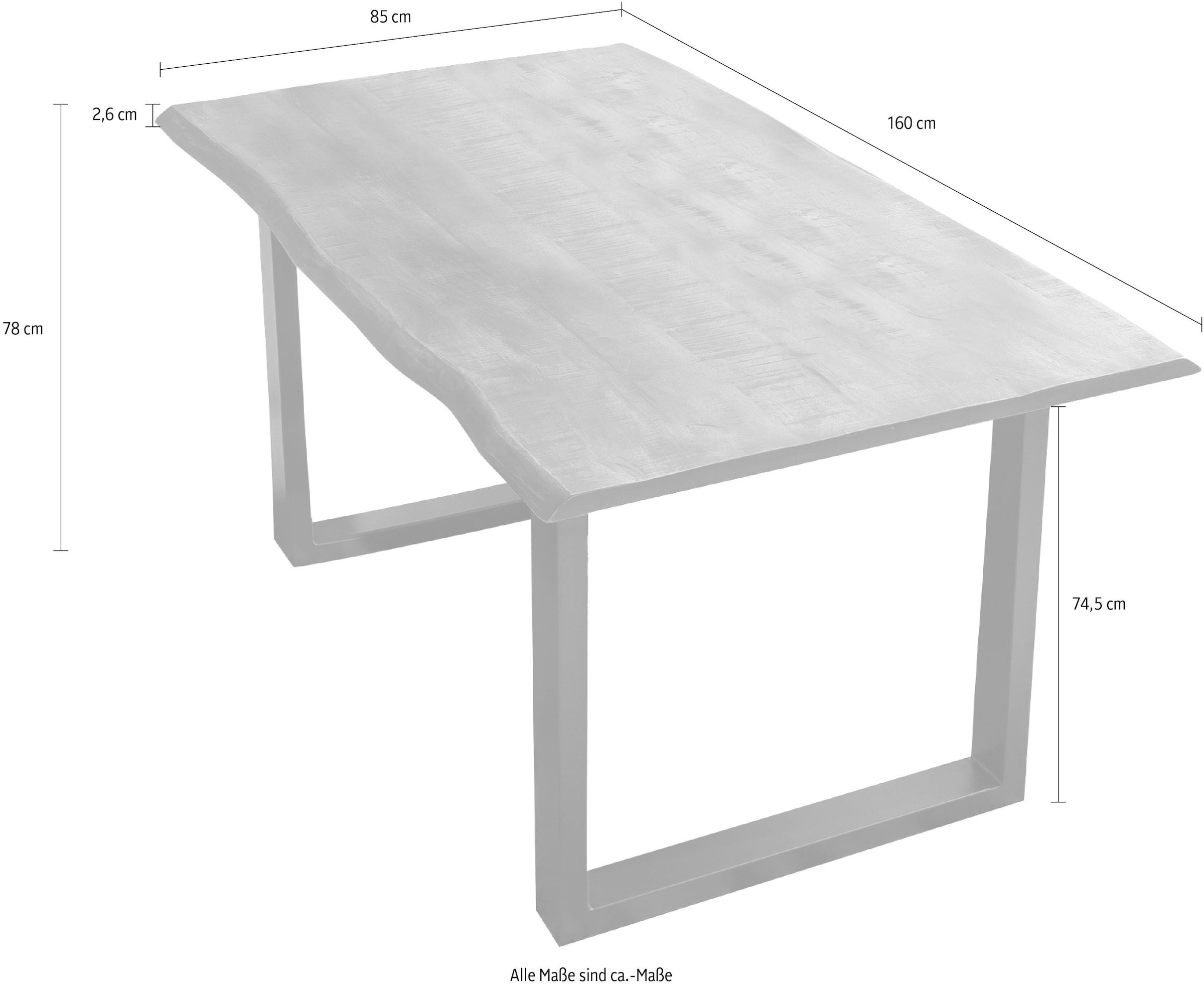 SIT Esstisch »Hyères 160 x 85 cm aus Mango-Massivholz mit Baumkante & Stahlgestell« Sägeraues Mango-Massivholz mit schwarzem Kufengestell