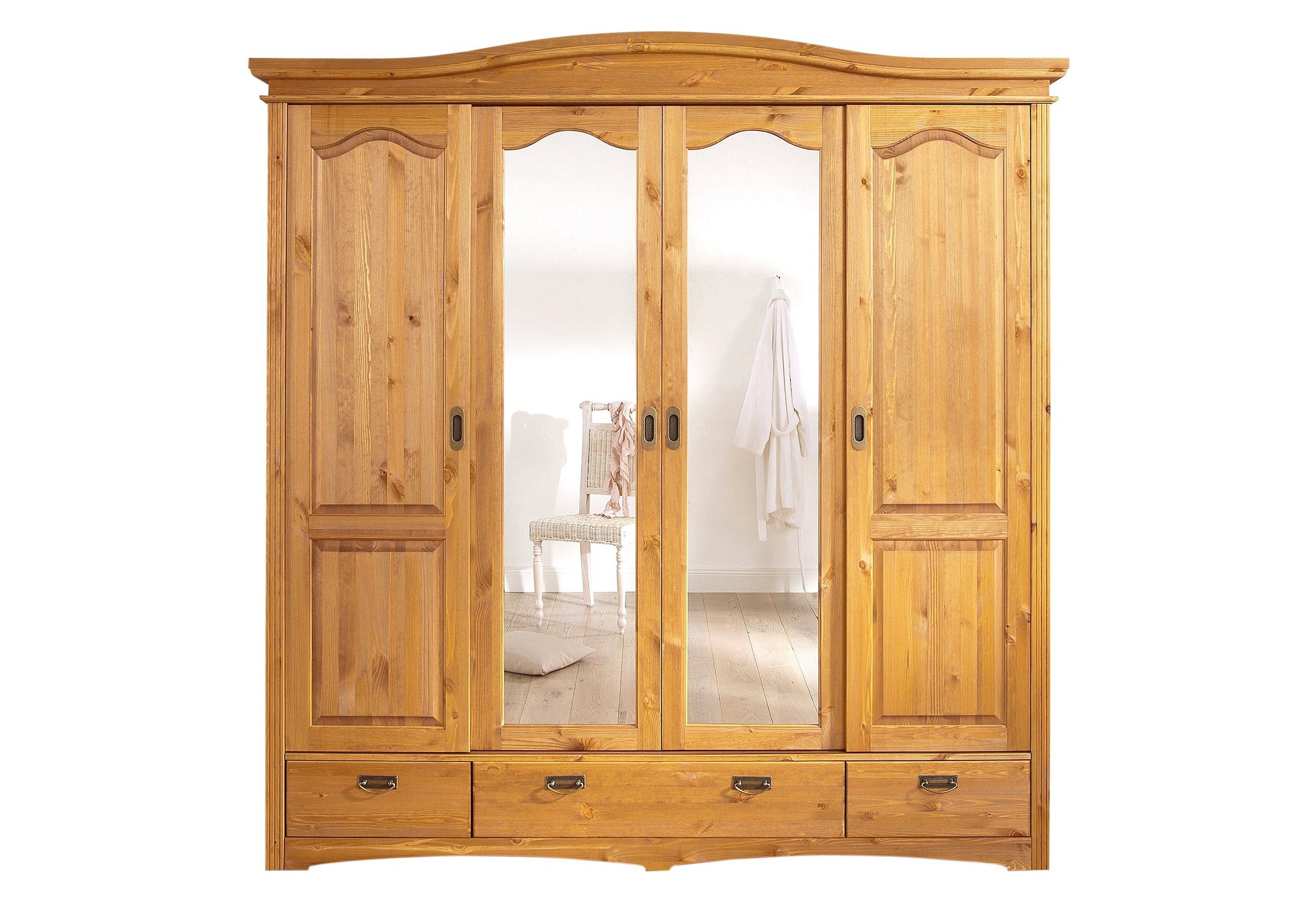 GOODproduct Schiebetürenschrank »Konrad, Landhausstil, rustikal, mit Schubladen + Spiegel, Kassetten« massive Kiefer, FSC®-zertifiziert, Messinggriffe