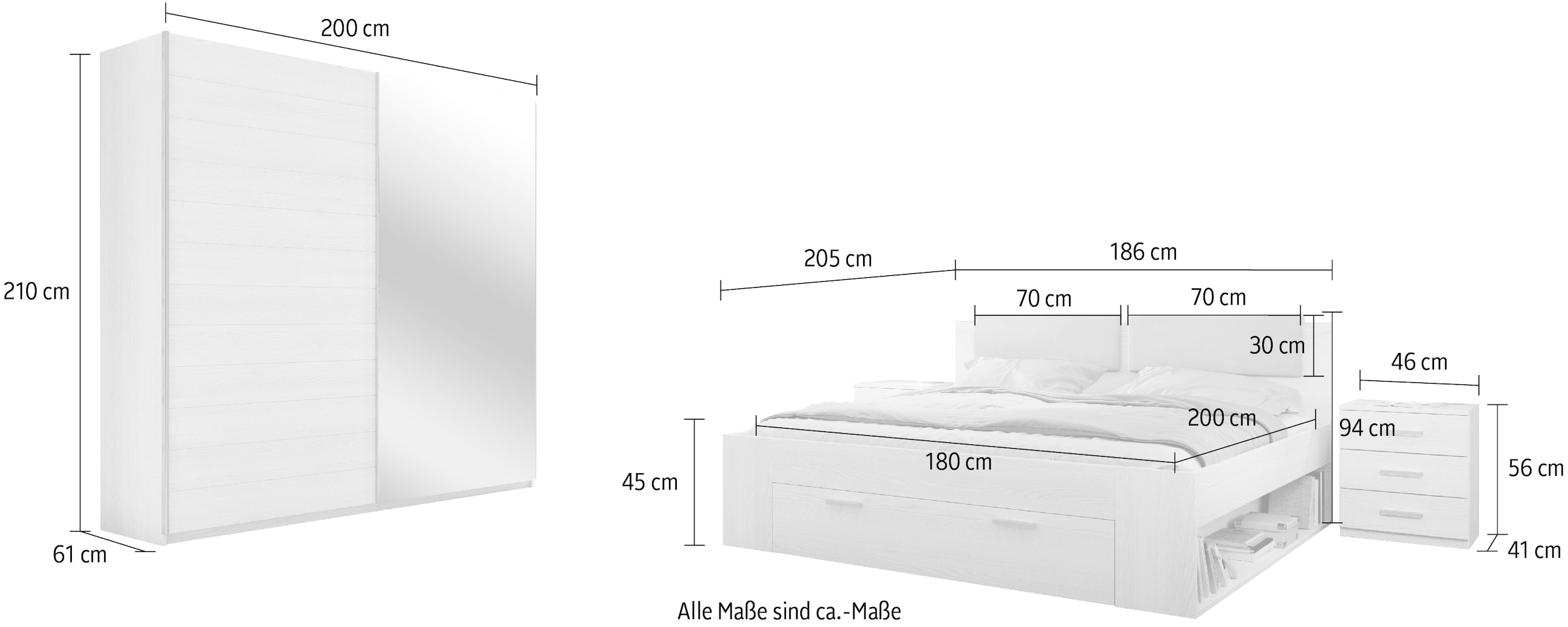 Helvetia Schlafzimmer-Set »Galaxy«, (4 St.), Bett mit gepolsterten Kopfteilen und Stauraumschublade