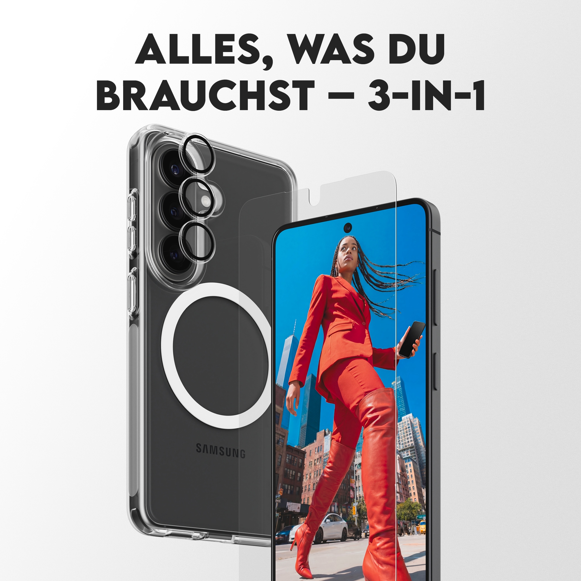 CARE by PanzerGlass Displayschutzglas »3-in-1 Protection Explorer Bundle« für Samsung Galaxy S26 Displayschutzfolie, Schutzfolie, Bildschirmschutz, kratz- & stossfest