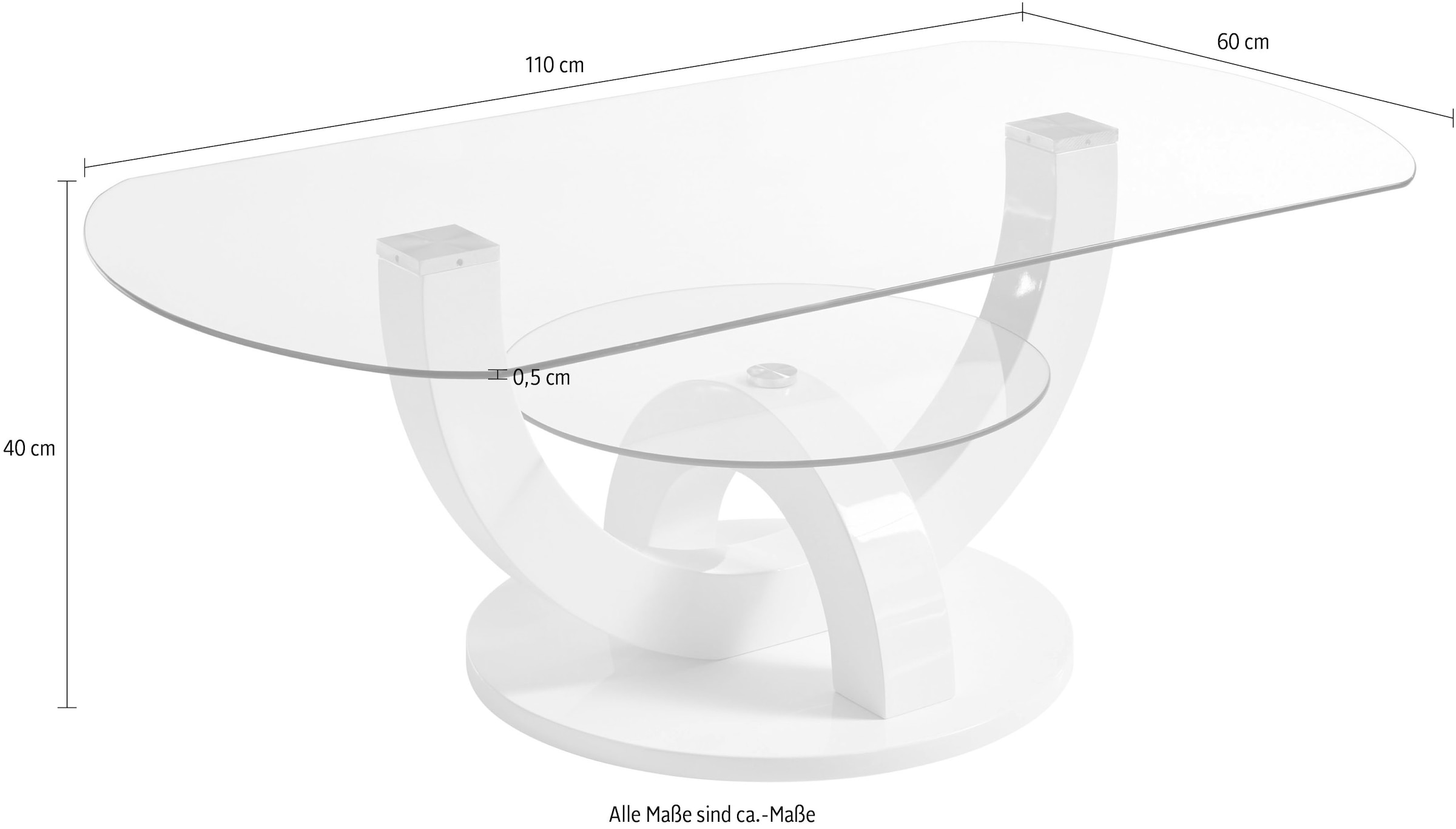 HBZ Couchtisch »Boston, TOPSELLER!«, (Wohnzimmertisch), Glastisch, Tisch mit U-Form Gestell in weiss hochglanz