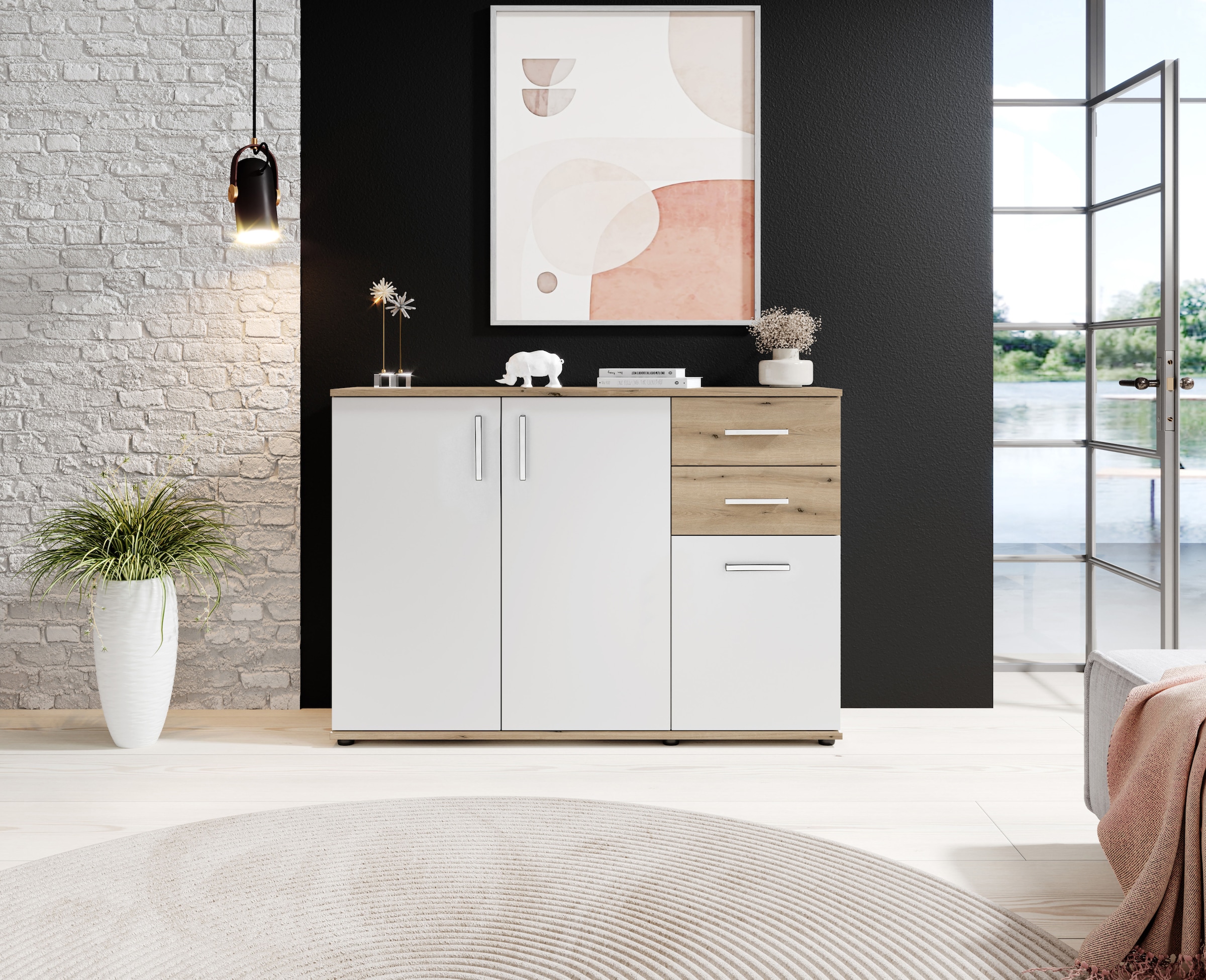 HBZ Kommode »BC-Drift-2, Sideboard Stellmass BxHxT 120x84x35 cm« 1 Stk. tlg. Kommode mit 3 Türen, 2 Schubkästen und 1 Einlegeboden