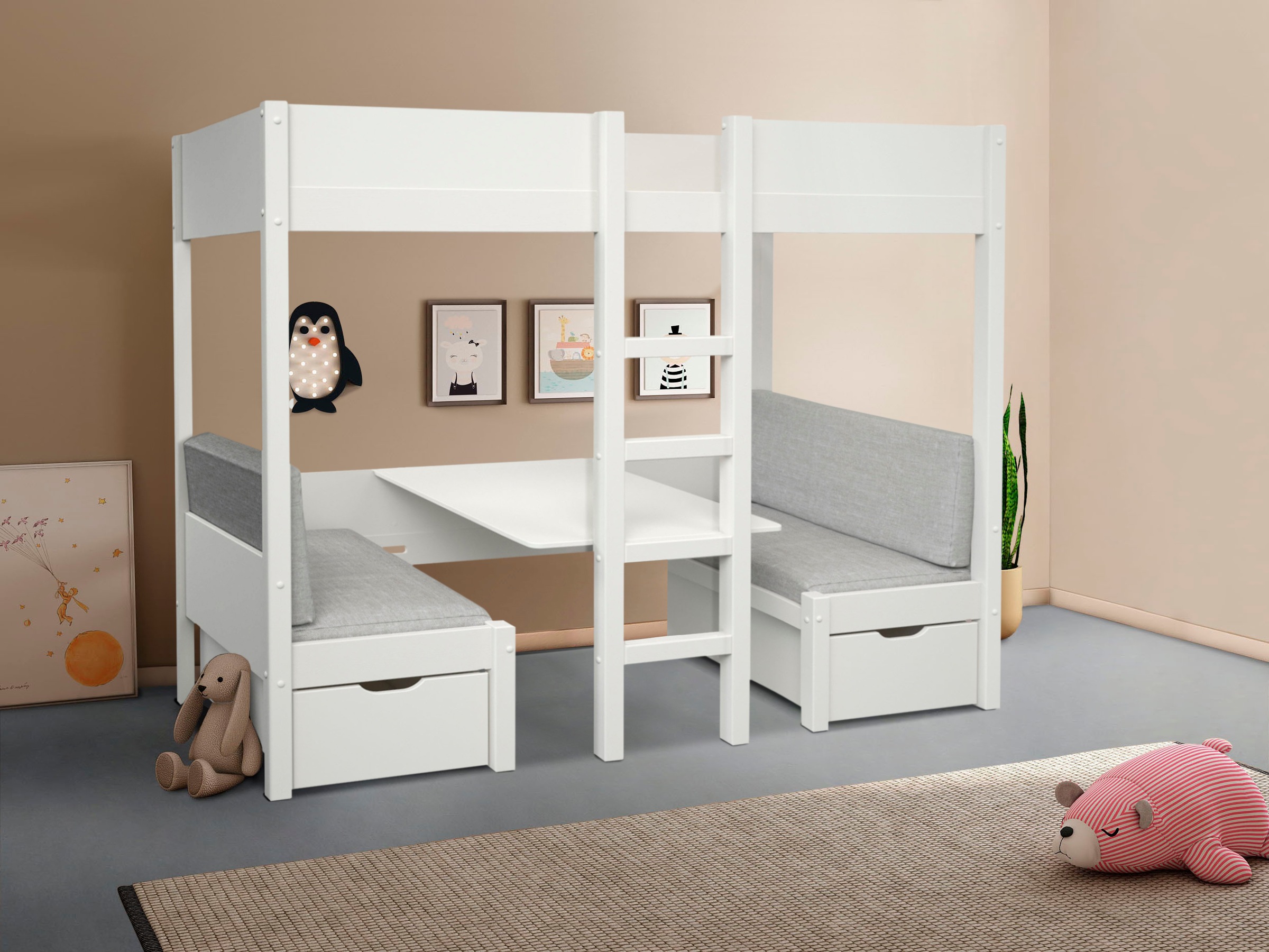 OTTO home Etagenbett "Stockbett "TIPO" Inklusive unterer Auflagen, 90x200cm" viel Stauraum, Massivholz,inklusive Tisch,2 Schubkästen,2 Schlafplätze