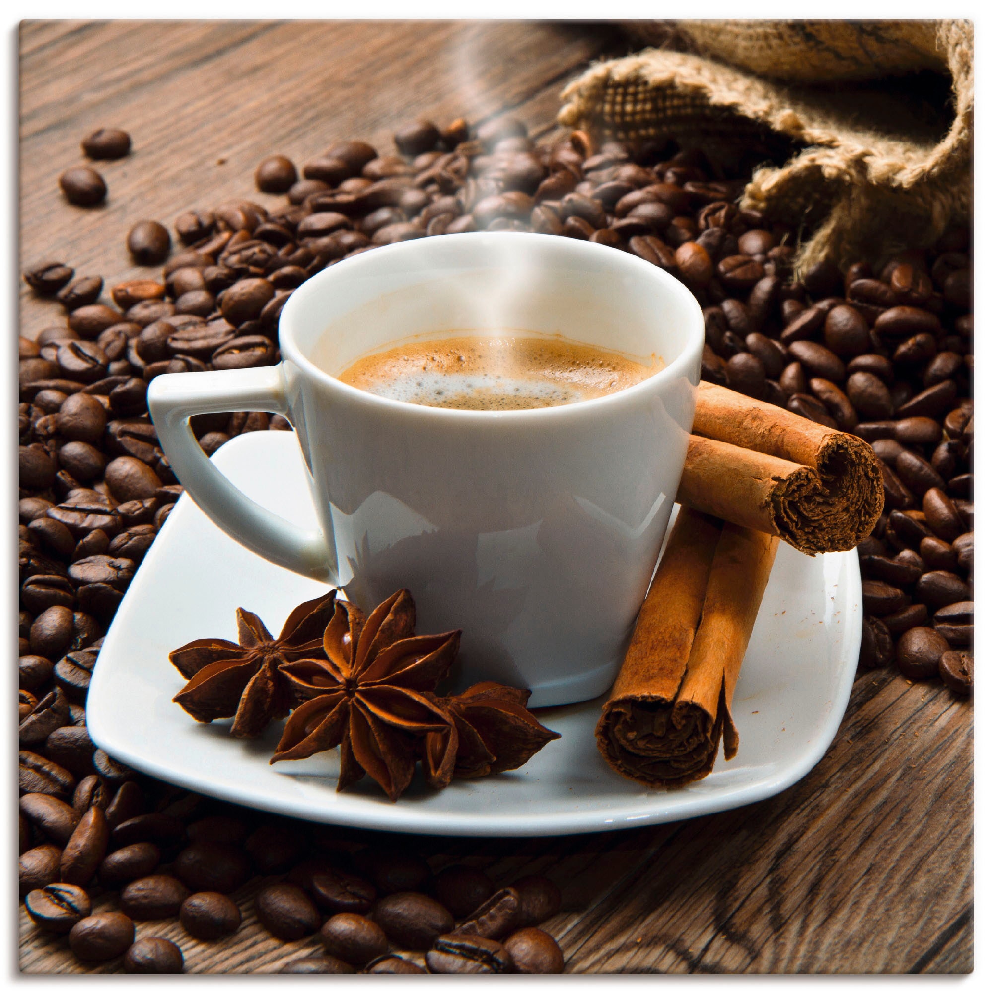 Image of Artland Leinwandbild "Kaffeetasse Leinensack mit Kaffeebohnen" Getränke 1 Stk. tlg. auf Holzrahmen gespannt