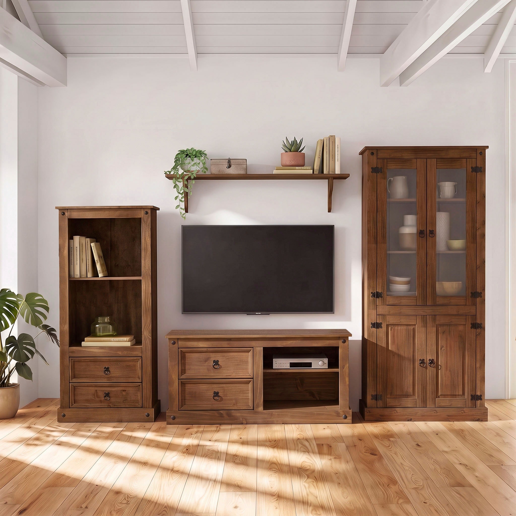 GOODproduct Wohnwand »Mexiko Vitrine, Regal und TV-Board mit Metallgriffen« Set, 3 Stk. tlg.
