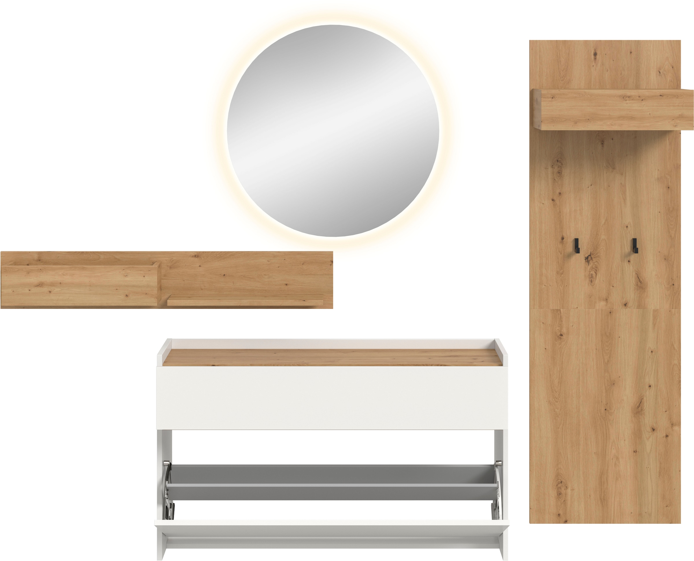 Home affaire Ensemble de vestiaires »EVRID, 4-teilig, Breite 205 cm, inkl. Beleuchtung« best. aus: Wandboard, Kommode, Spiegel, Garderobenpaneel, 4 cuis tlg.