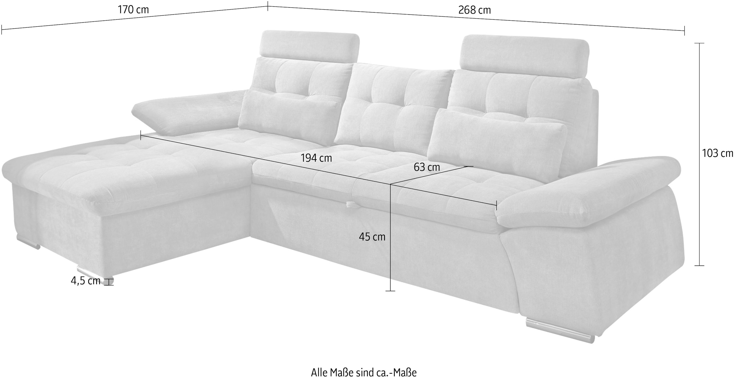 ED EXCITING DESIGN Ecksofa »Nalo L-Form«, mit Bettfunktion, Armteilverstellung, Kopfstützen & 2 Nierenkissen