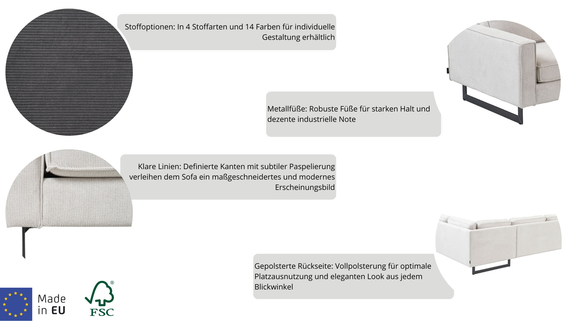 PLACES OF STYLE 2-Sitzer »Pinto, 166 cm, Cord, Chenille, Lederoptik« mit Keder, schwarze Metallfüsse, Wellenunterfederung
