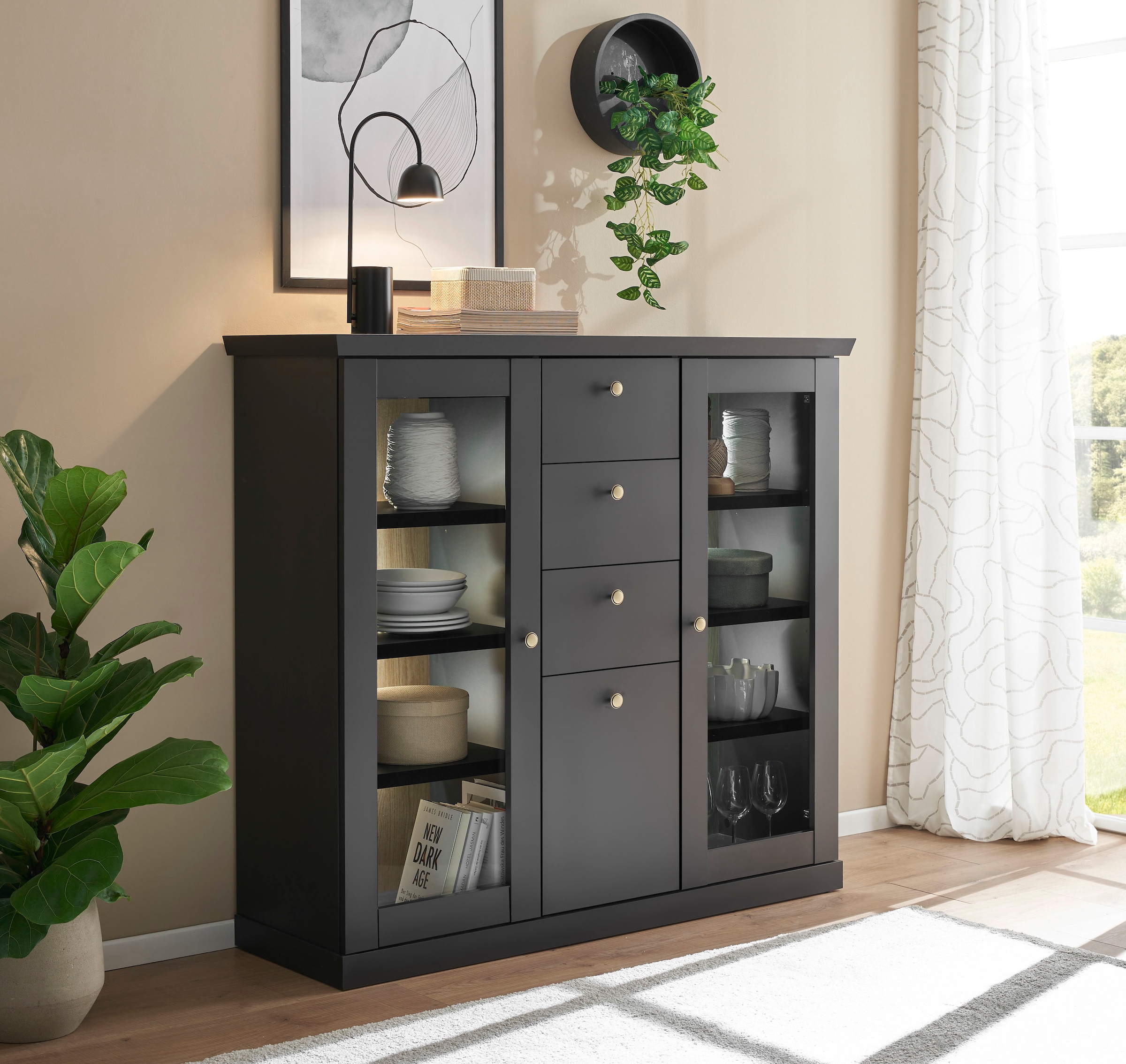 Home affaire Highboard »Lincoln, moderner Schrank, schwarzer Stauraumschrank, 129 cm breit« edles Design, messingfarbene Knopfgriffe, vielseitig einsetzbar