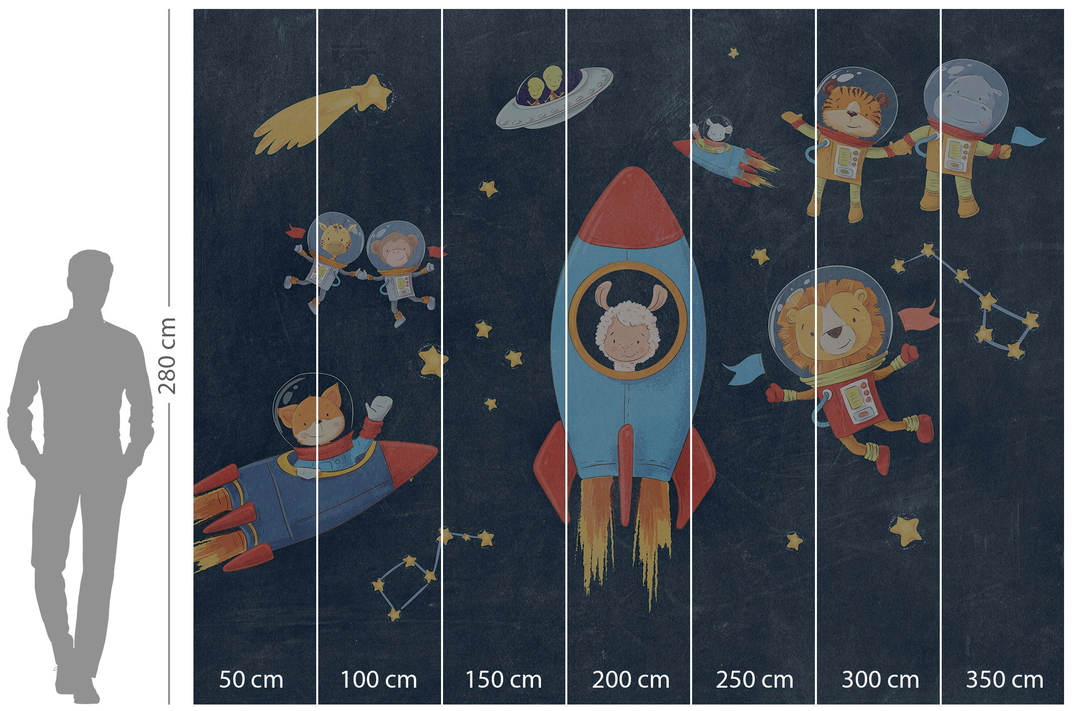Komar Vliestapete »Digitaldruck Vlies - Friends in Space - Grösse 350 x 280 cm«, bedruckt, Kinderzimmer