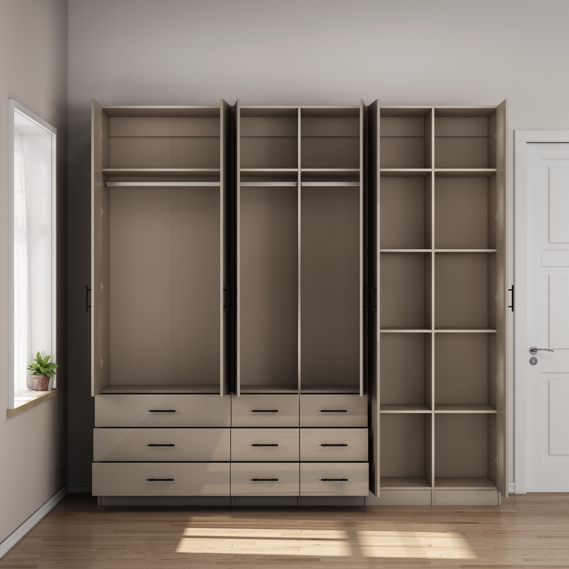GOODproduct Armoires à vêtements »Trento Schlafzimmerschrank Garderobe hochglanz« in 2 unterschiedlichen Schrankhöhen wählbar,  Schrank mit 6 Türen und 9 Schubladen, Hochglanz-Fronten, 2,39m Höhe