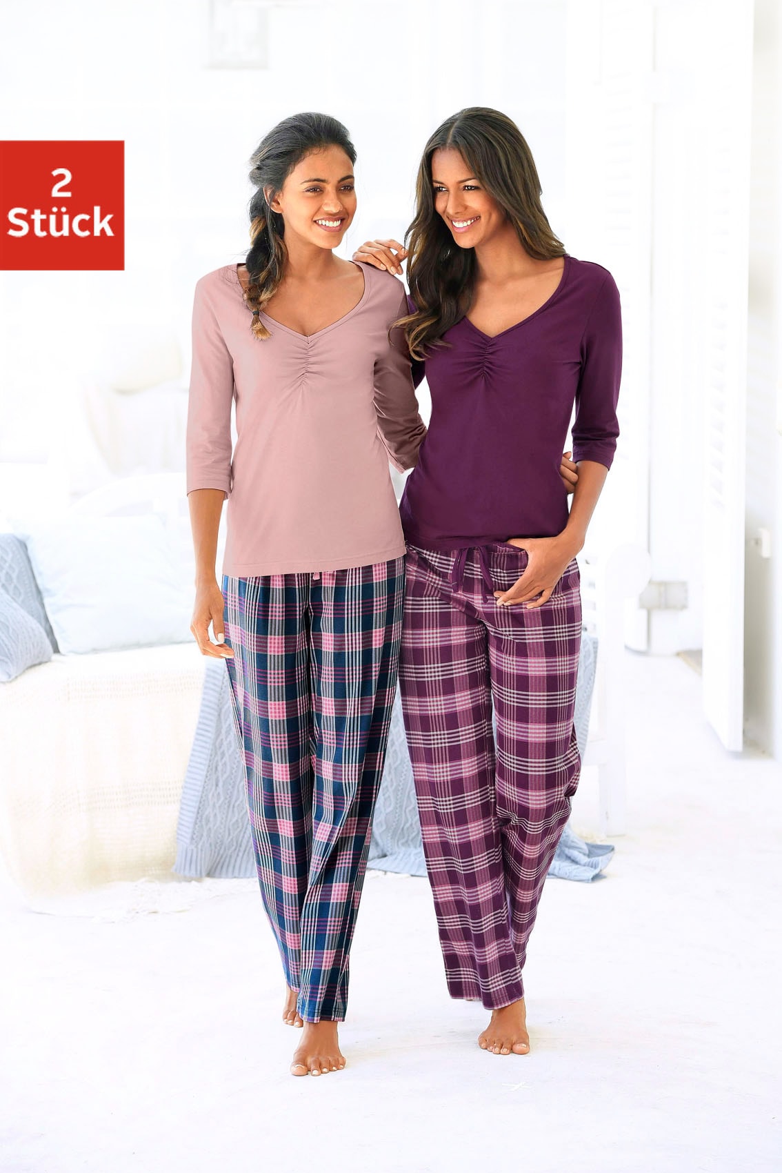 Image of Vivance Dreams Pyjama Packung, 2 Stück, 4 tlg. mit karierter Hose