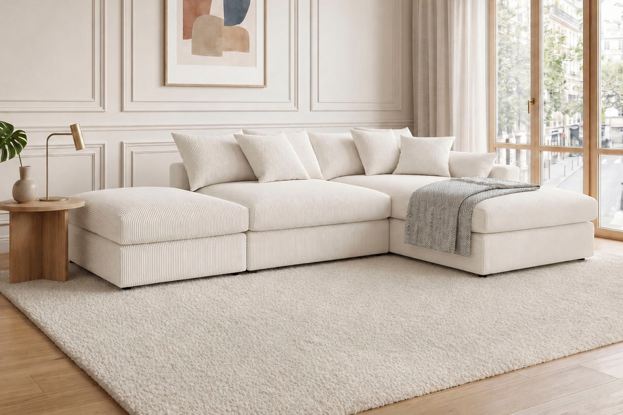 GOODproduct Canapé d'angle »Cosy Lounge L-Form, Breite 333 cm« méga canapé recouvert de velours côtelé, avec ressorts et 4 coussins décoratifs