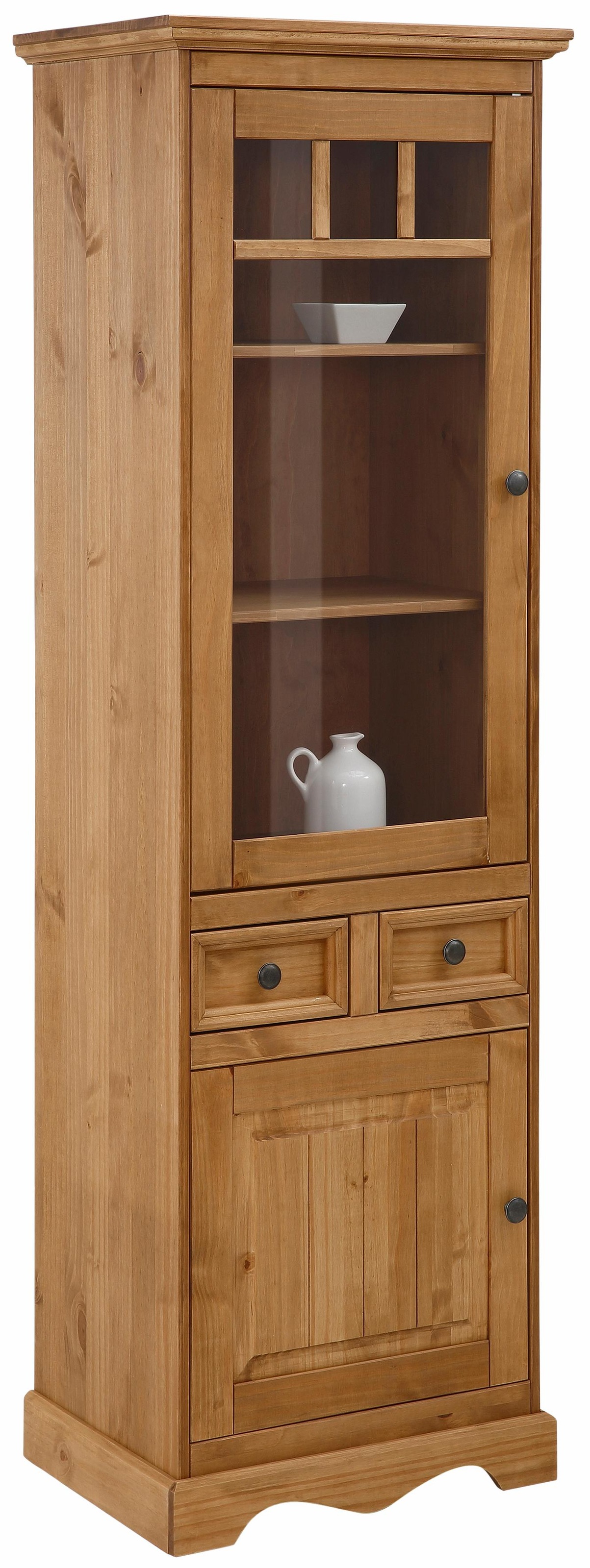 Image of GOODproduct Vitrine "Melissa Hochschrank mit 2 Türen und 2 Schubläden, Metallknopfgriffe" Kiefernholz, natürliche Maserung, 2 Türen, eine davon mit Glaseinsatz
